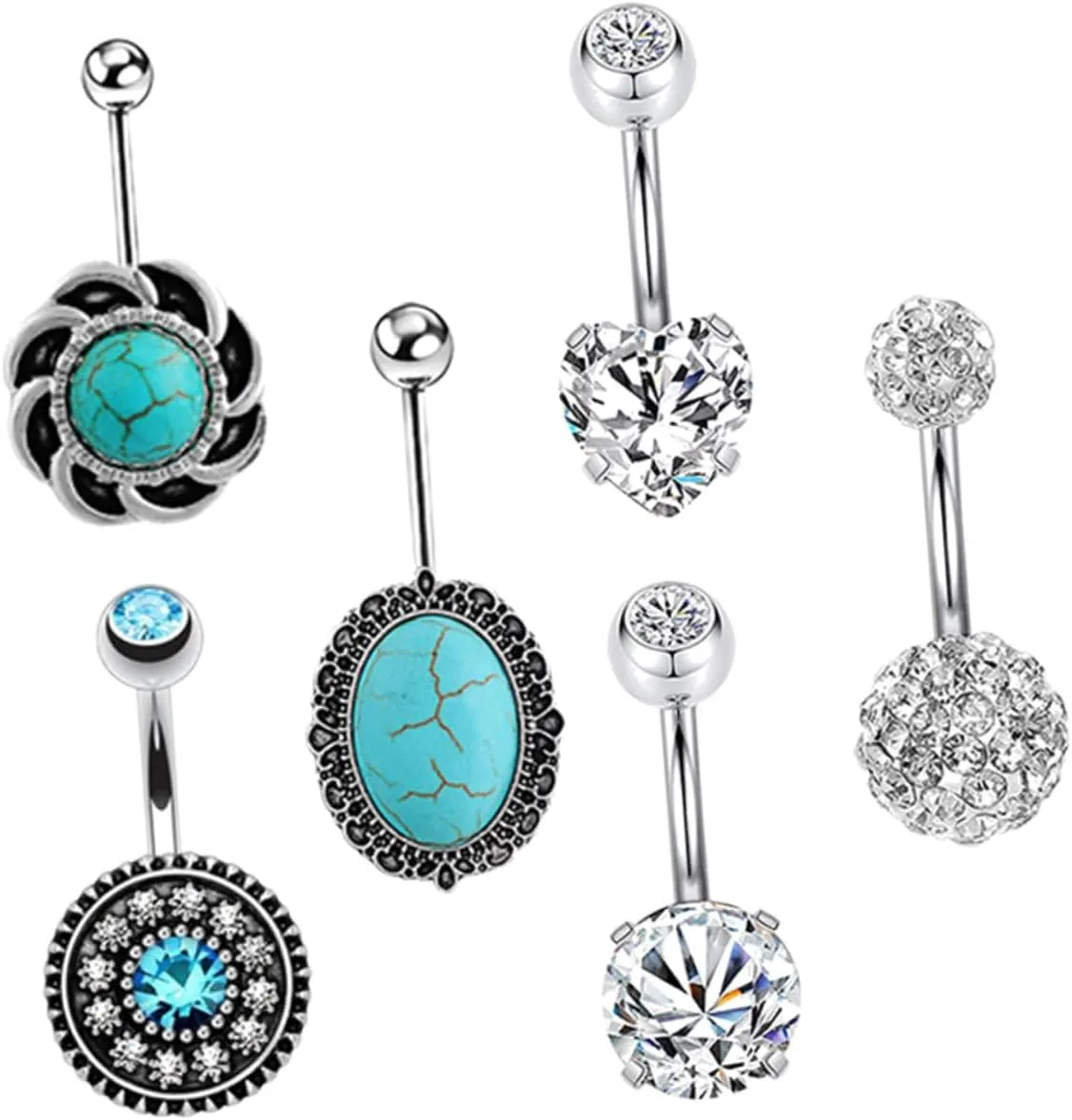 1 Set 6pcs Zircon Belly Button Ring Navel Jewelry Piercing Stainless Steel Zircon