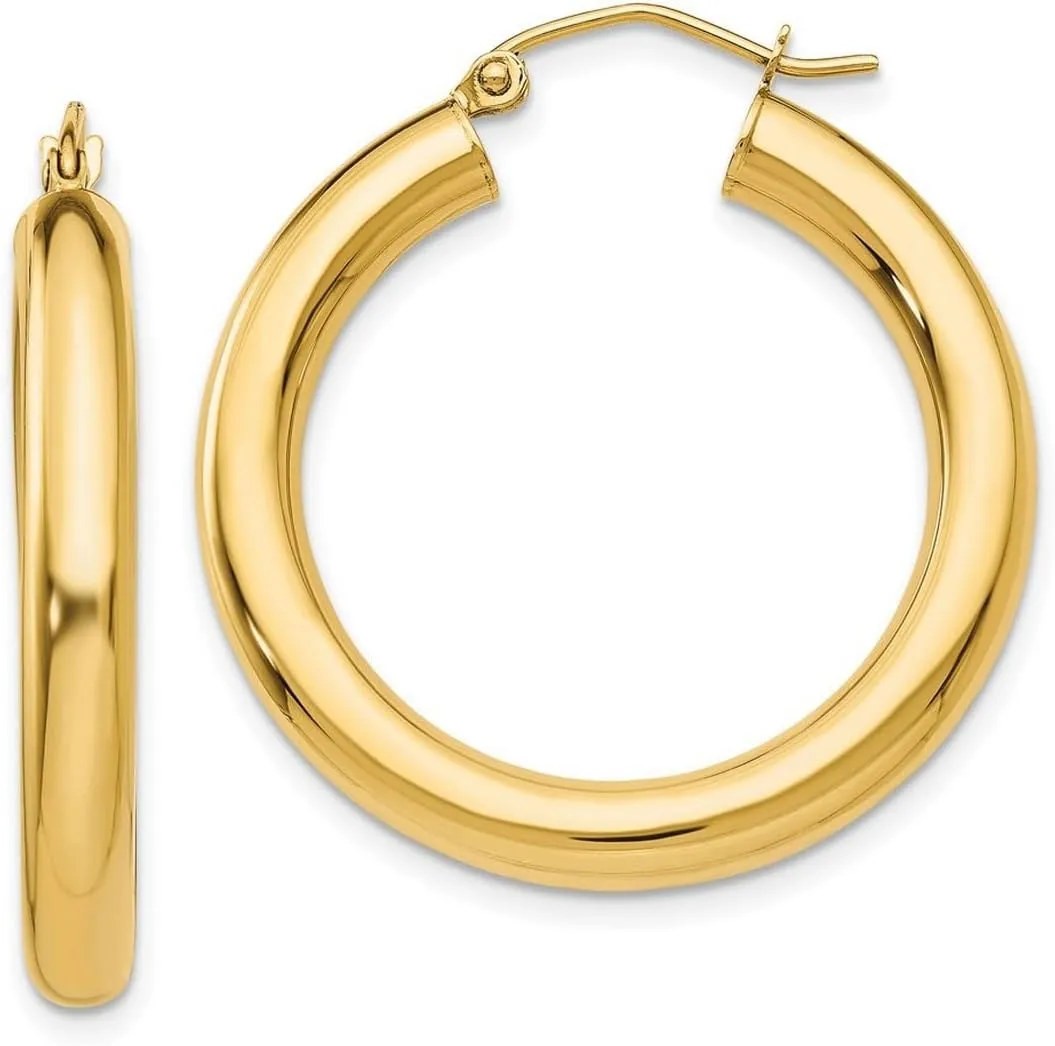 10k Yellow Gold Polished 4mm Lightweight Tube Hoop Earrings 30mm Long 4mm Thick-Hoop Earring for Women
