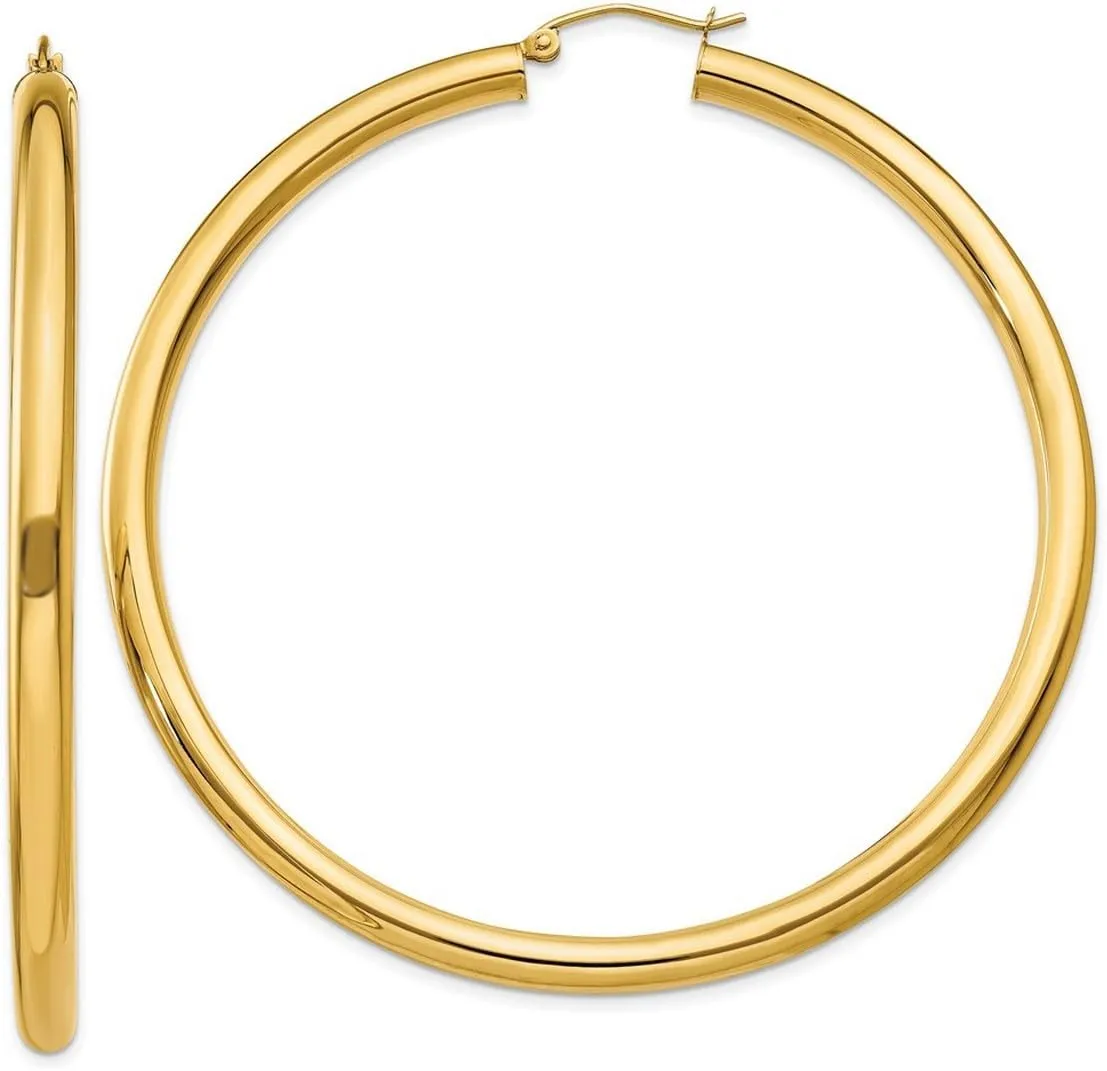 10k Yellow Gold Polished 4mm Lightweight Tube Hoop Earrings 65mm Long 4mm Thick-Hoop Earring for Women