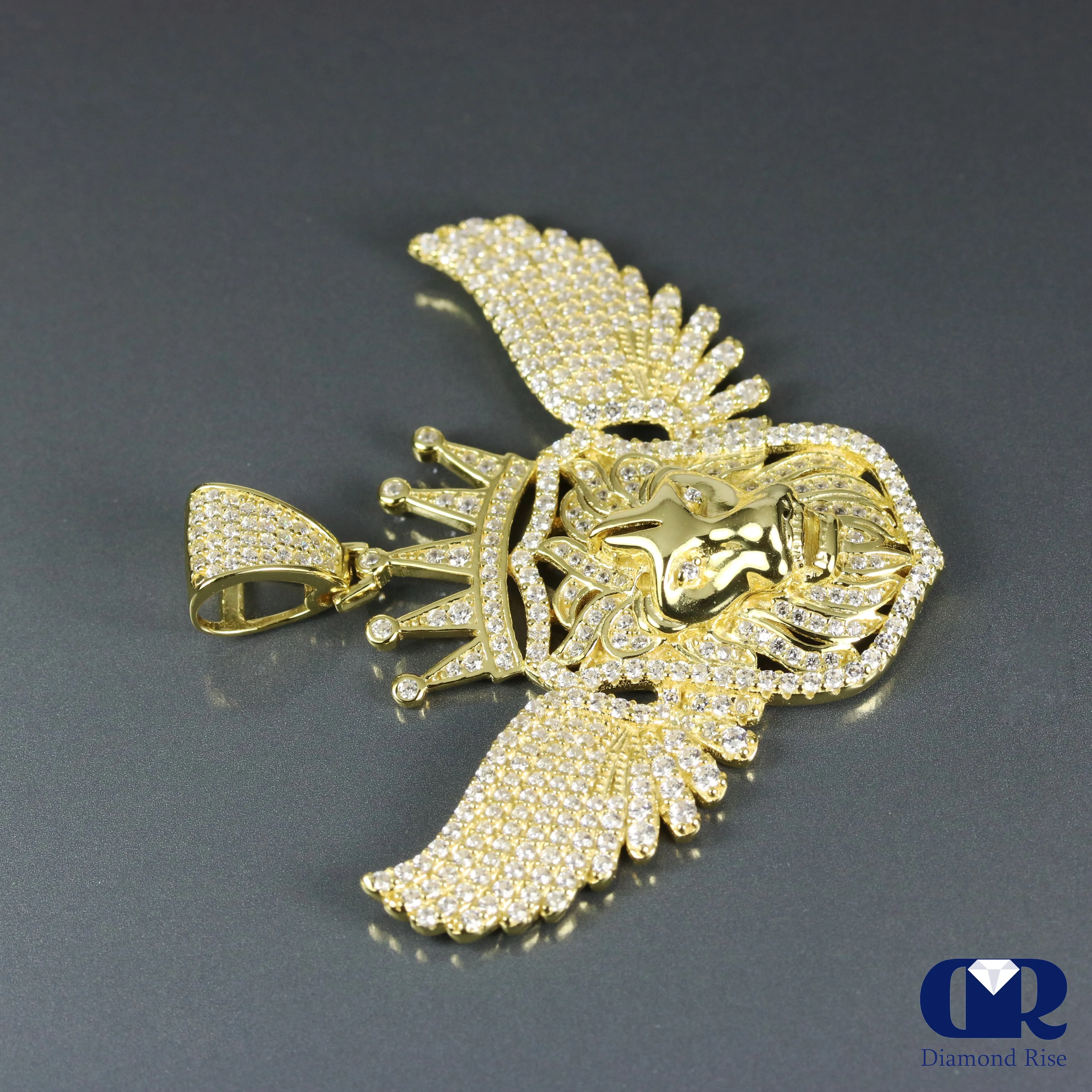 14K Gold Diamond Lion Head Pendant With Wings