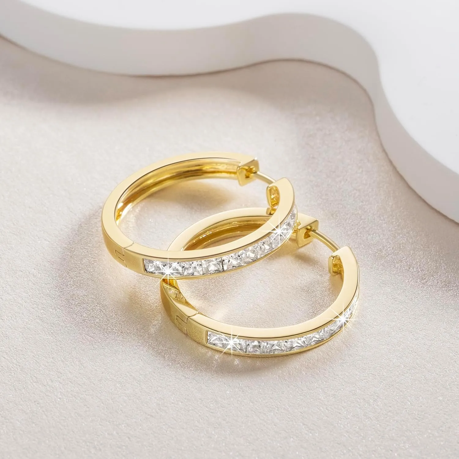 14K Gold Hoop Earrings for Women 14K Gold Earrings Dazzling Square Cubic Zirconia Lightweight Huggie Womens Earring Hoops 13/20/25mm