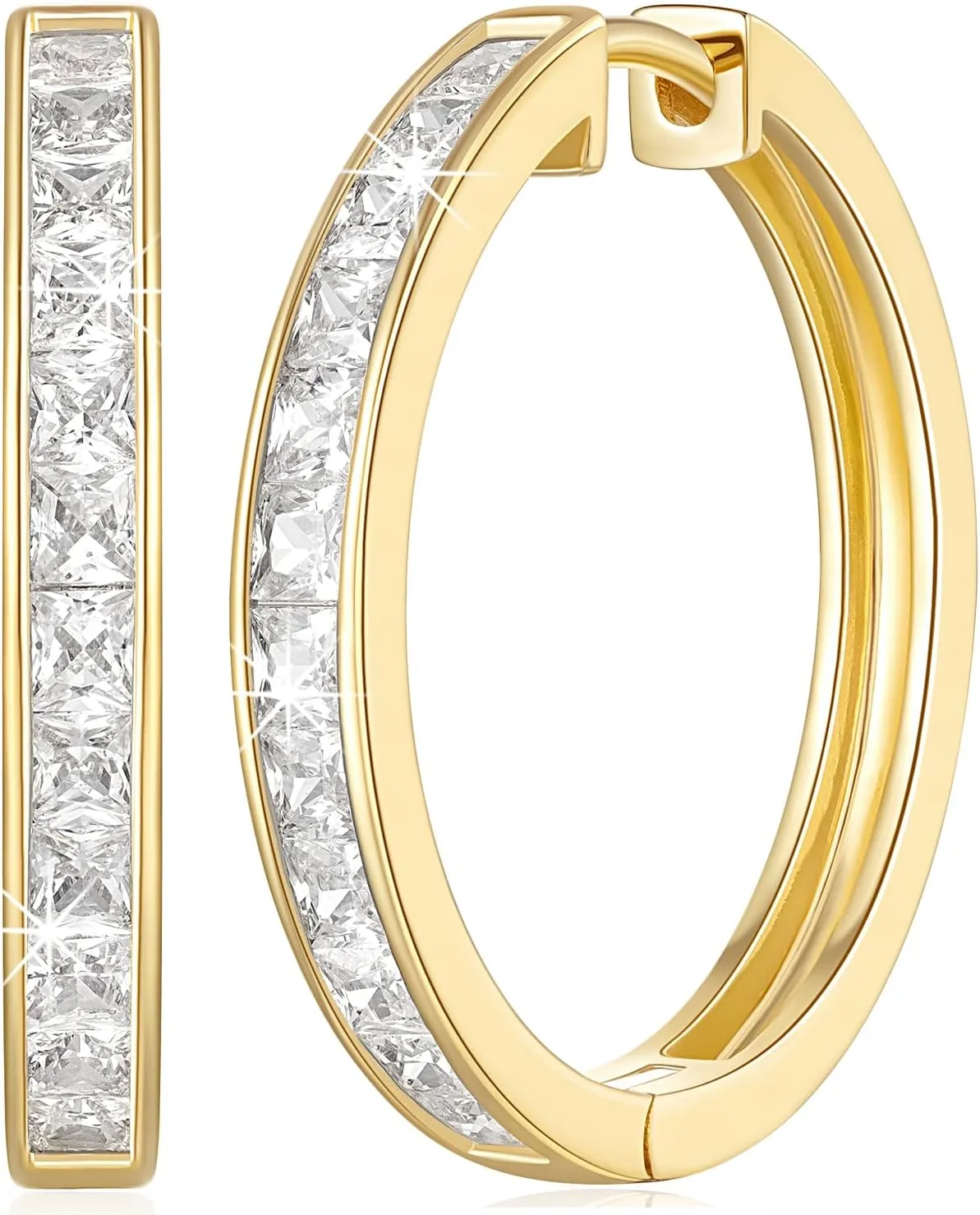 14K Gold Hoop Earrings for Women 14K Gold Earrings Dazzling Square Cubic Zirconia Lightweight Huggie Womens Earring Hoops 13/20/25mm