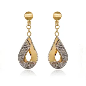 14K Gold Two Tone Teardrop Diamond Cut Earrings