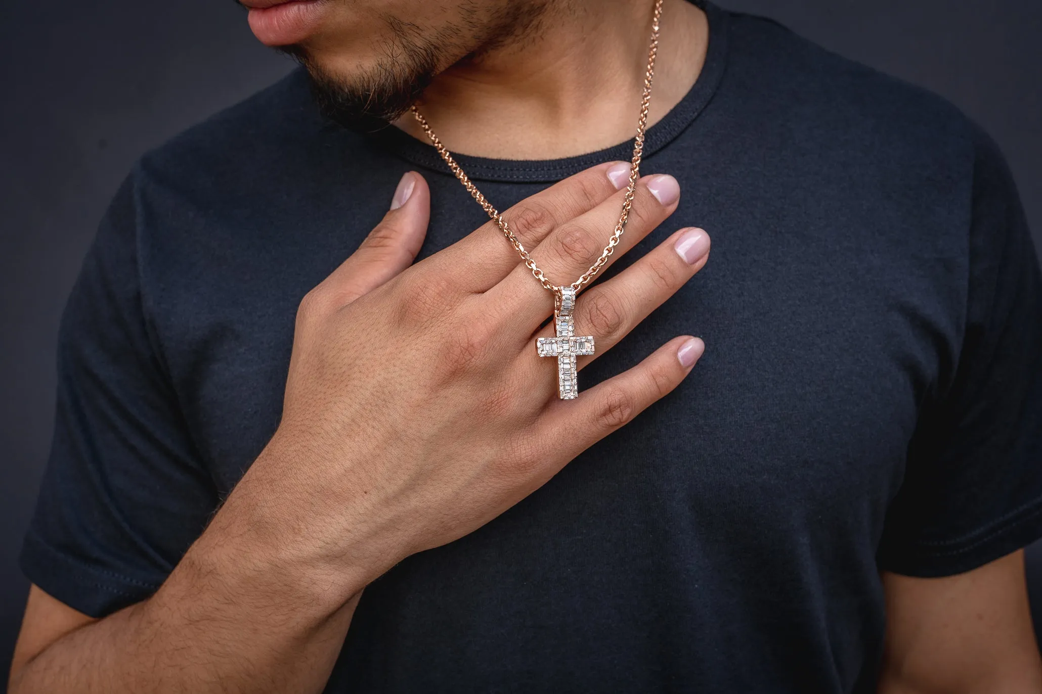 14K Rose Gold Baguette Cross Diamond Pendant 1.30 CTW