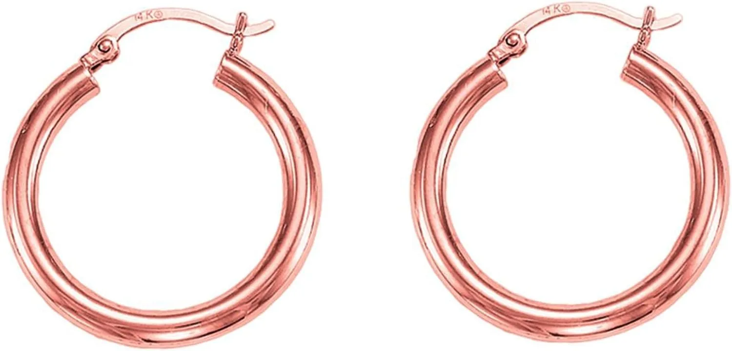 14k Rose Gold Polished Round Tube Hoop Earrings, Diameter 15mm
