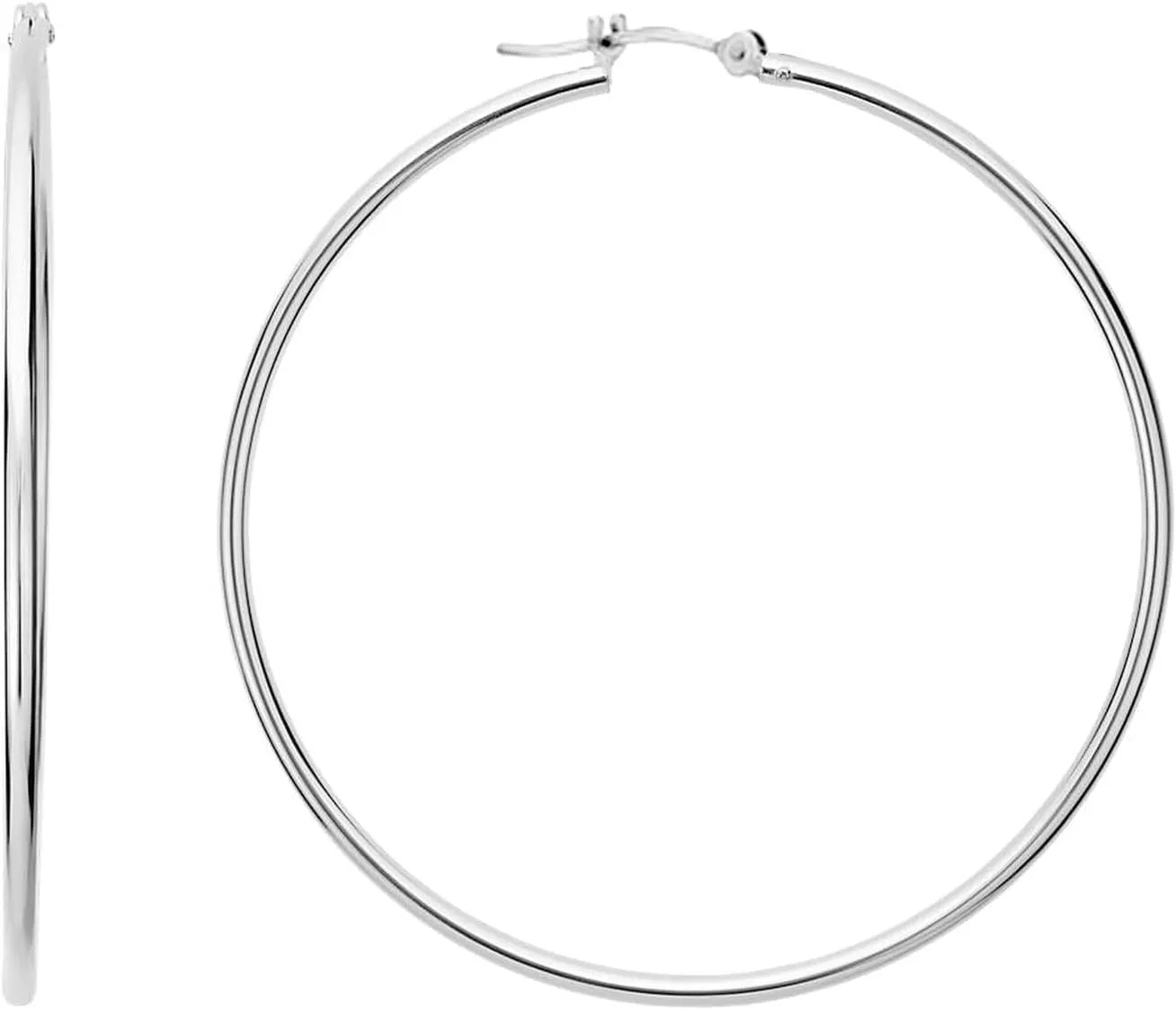 14k White Gold 1.5mm Shiny Round Tube Hoop Earrings, Diameter 40mm