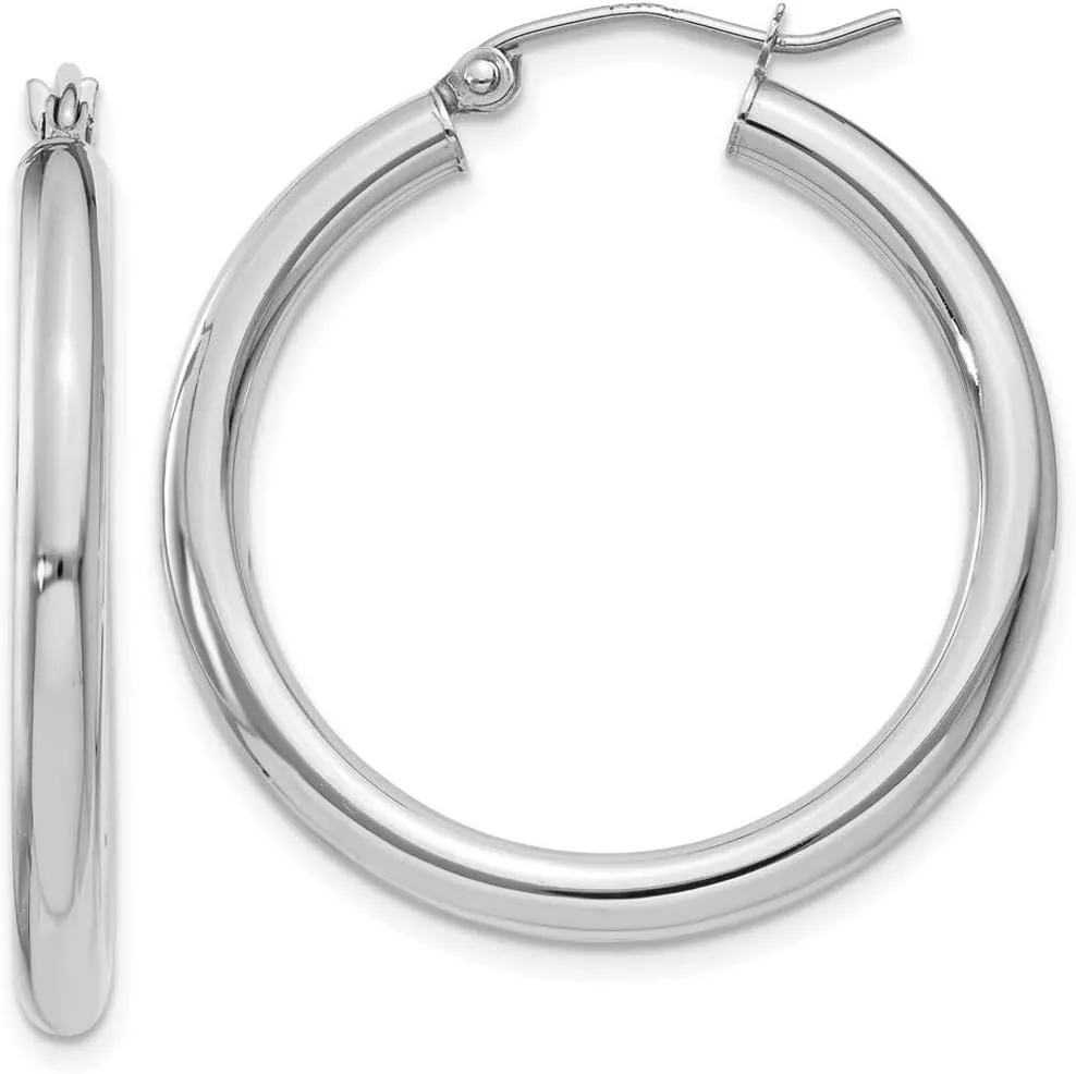14k White Gold Polished 3mm Round Hoop Earrings 30mm long 3mm Thick-Hoop Earring for Women