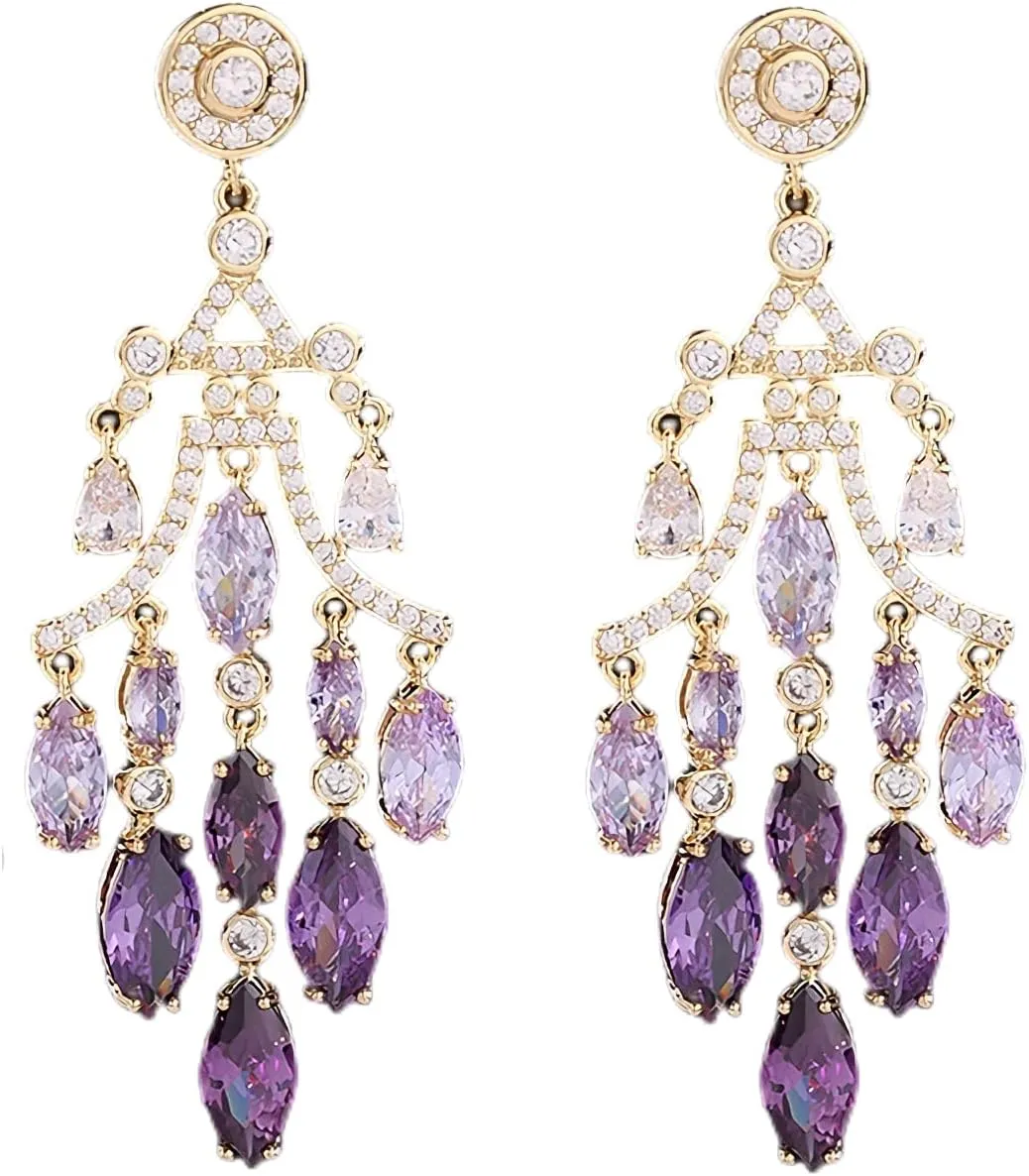18K Gold Crystal Long Tassel Chandelier Earrings for Women, Cubic Zircon Crystal Drop Dangle Earrings, Vintage Style Drop Dangle Statement Earrings (Purple)