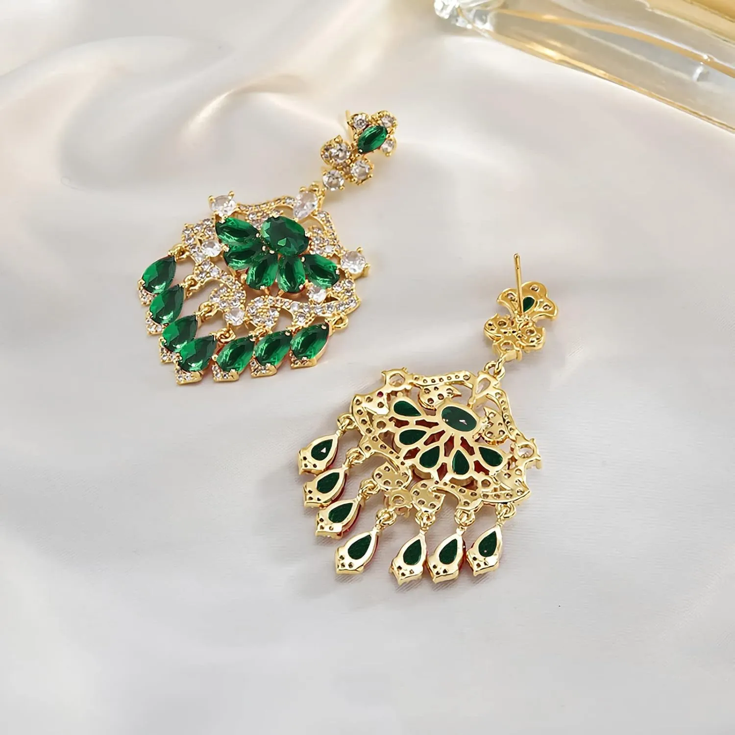 18K Gold Crystal Long Tassel Chandelier Earrings for Women, Cubic Zircon Red Crystal Drop Dangle Earrings