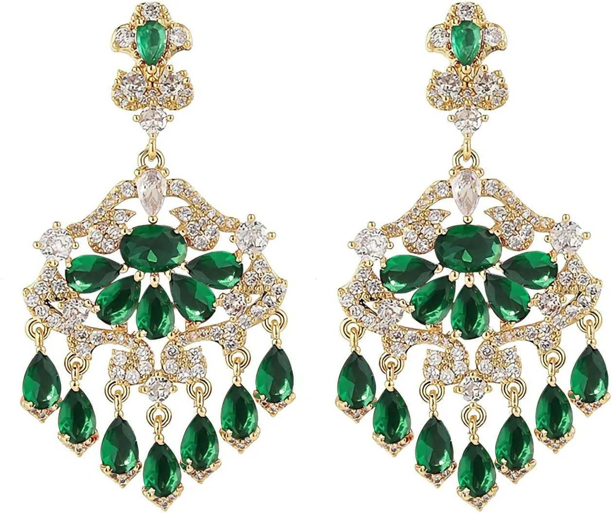 18K Gold Crystal Long Tassel Chandelier Earrings for Women, Cubic Zircon Red Crystal Drop Dangle Earrings