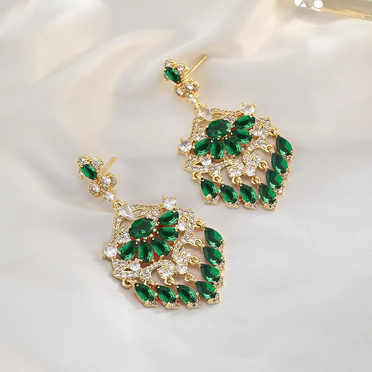 18K Gold Crystal Long Tassel Chandelier Earrings for Women, Cubic Zircon Red Crystal Drop Dangle Earrings