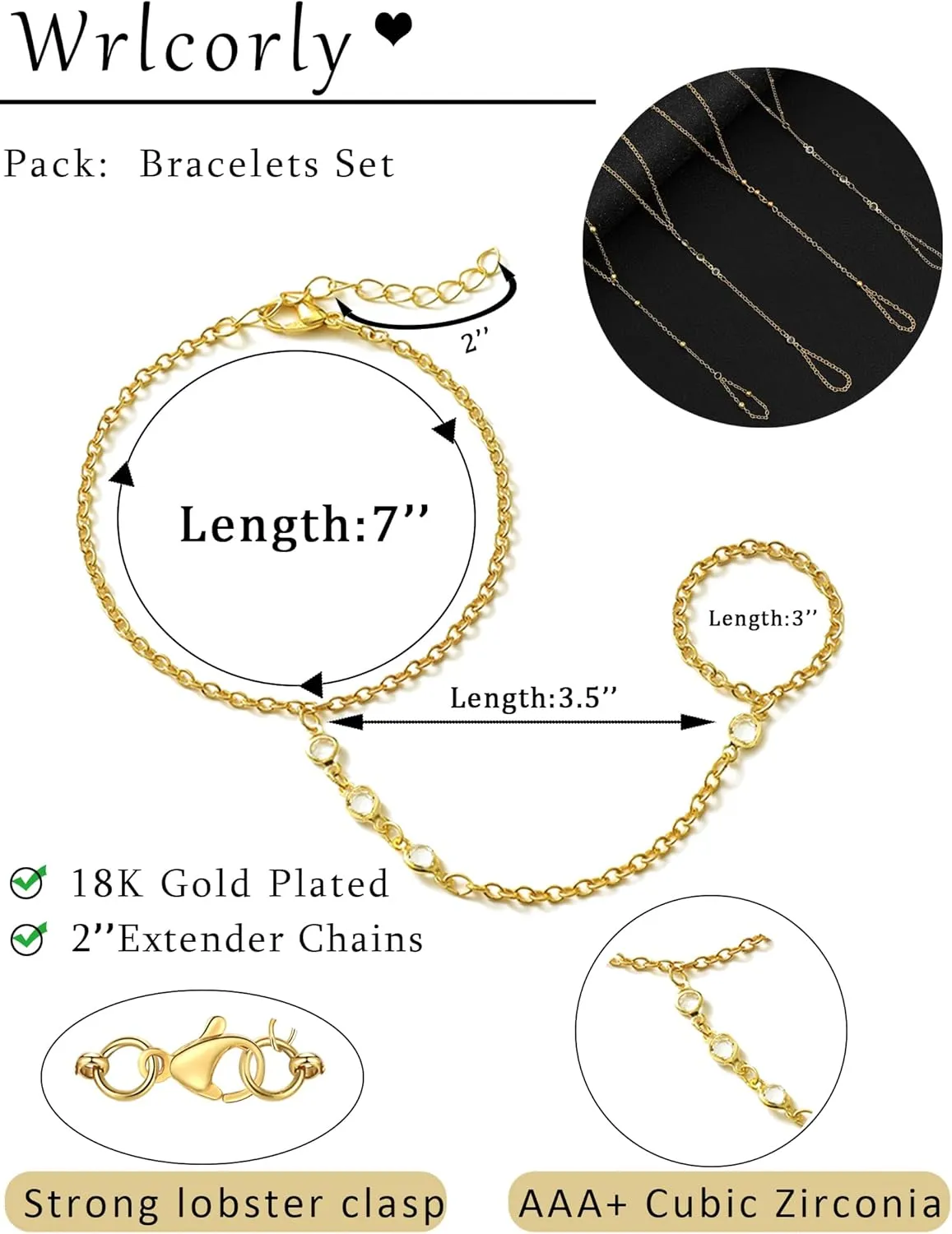 18K Gold Plated Hand Chains Bracelet Ring Bracelet for Women Adjustable Cubic Zirconia Bead Link Satellite Layered Finger Ring Hand Chain Jewelry