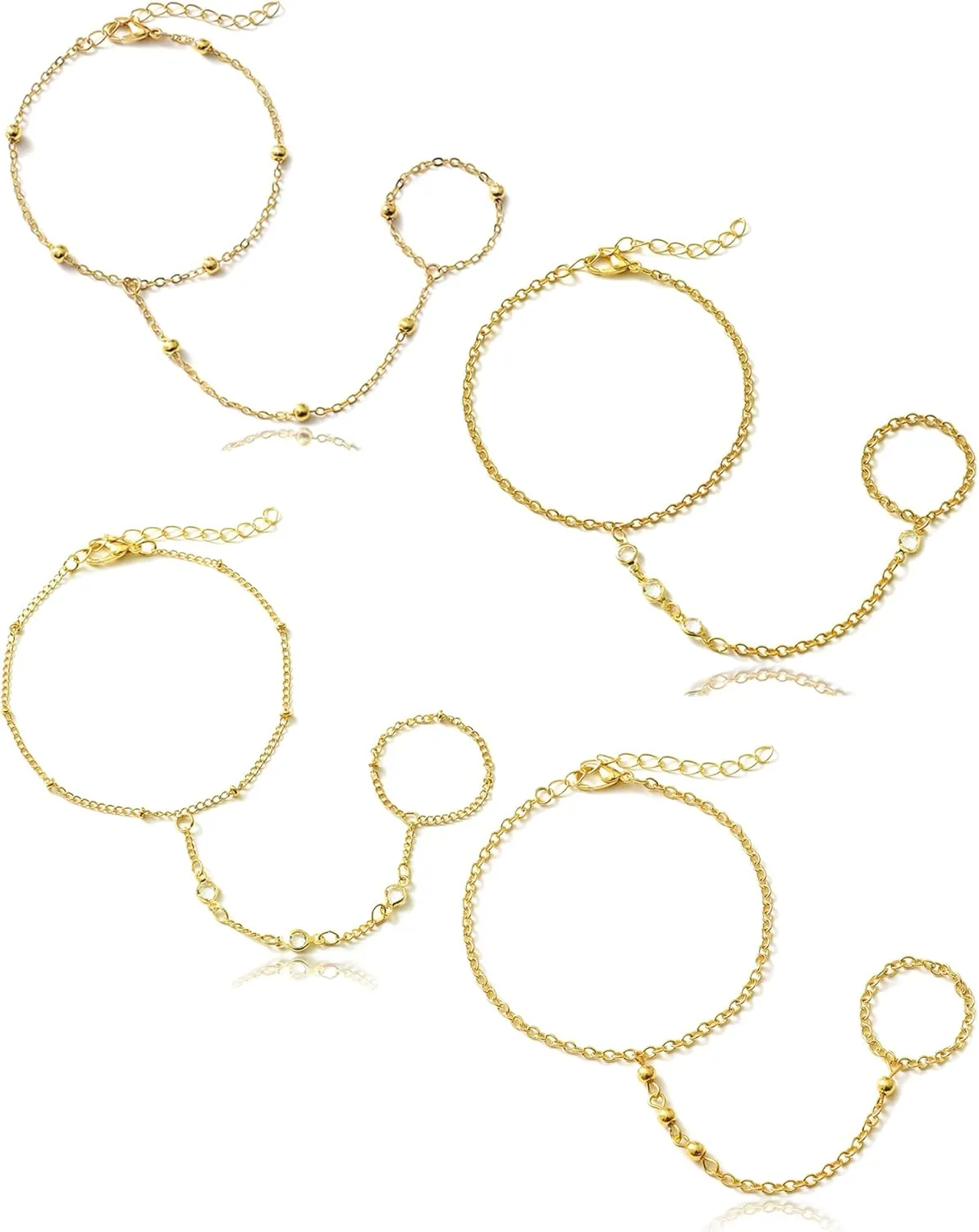 18K Gold Plated Hand Chains Bracelet Ring Bracelet for Women Adjustable Cubic Zirconia Bead Link Satellite Layered Finger Ring Hand Chain Jewelry