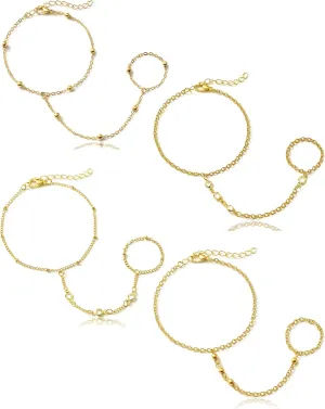 18K Gold Plated Hand Chains Bracelet Ring Bracelet for Women Adjustable Cubic Zirconia Bead Link Satellite Layered Finger Ring Hand Chain Jewelry