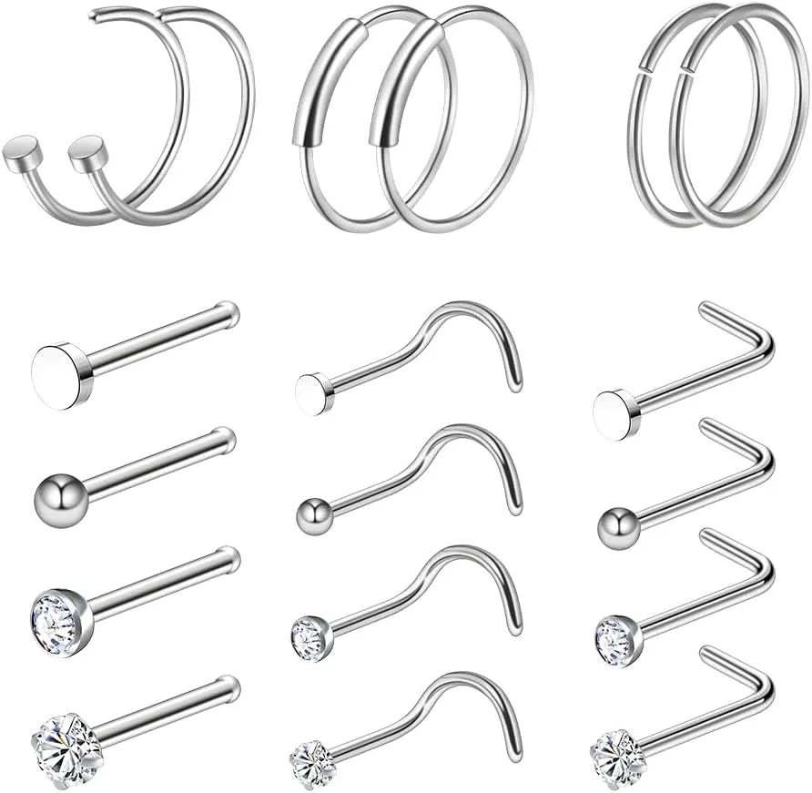 18Pcs Nose Rings Studs for Women Men, 316L Surgical Steel, 18G, Hypoallergenic, Hoops, L Shaped, Corkscrew, Straight, Nose Stud, Body, Piercing Jewelry