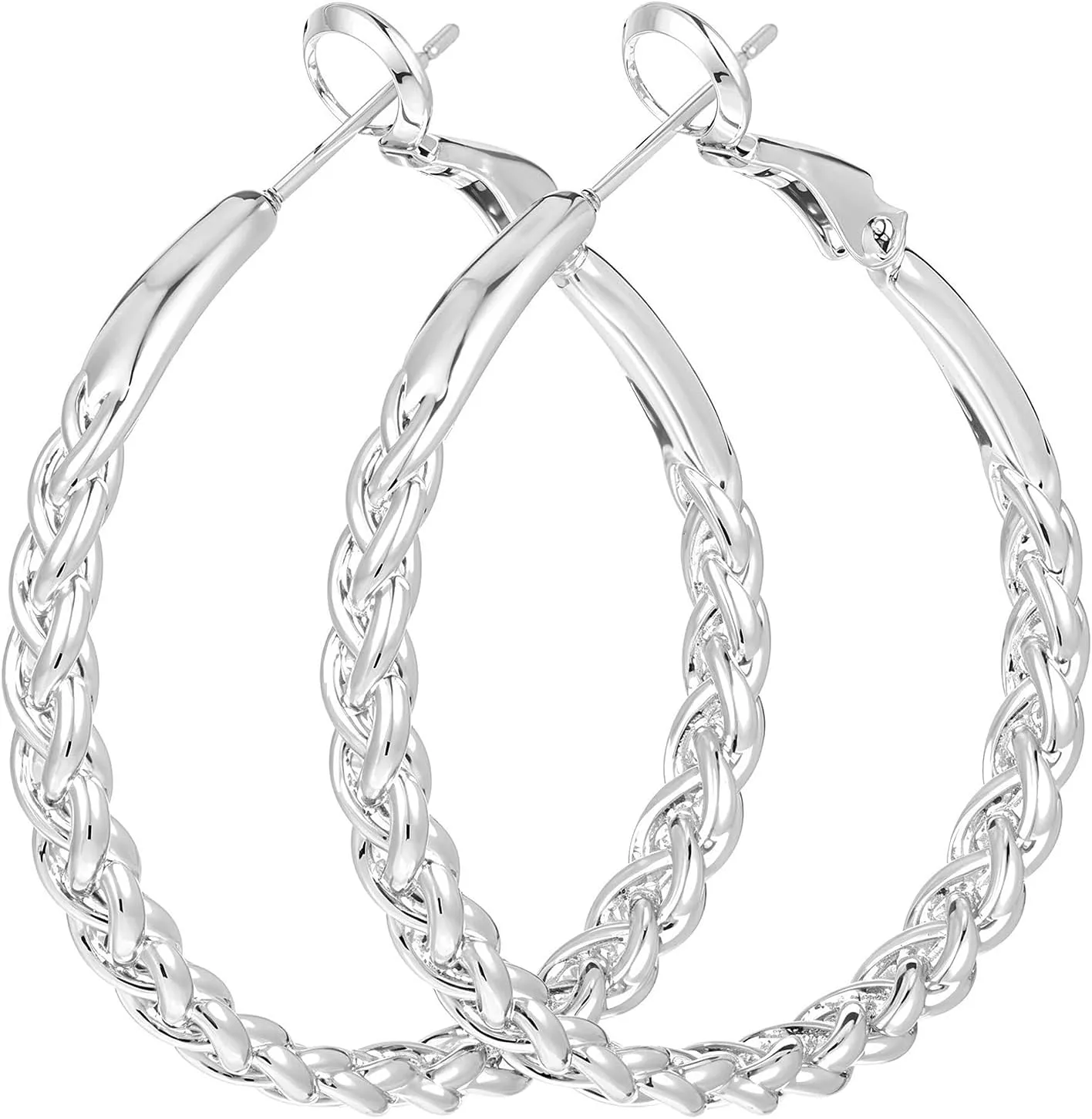 2 PCS 34mm Hoop Silver Earrings for Women Trendy Silver Twisted Hoop Earrings Large Braided Floating Earring for Women Lightweight Thick Twisted Large Laced Wide Hoops for Gift
