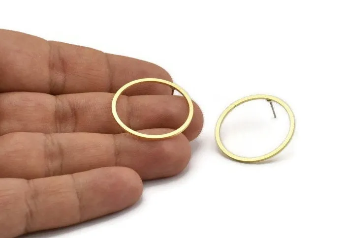 28mm Circle Earring, 8 Raw Brass Circle Stud Earrings (28x1.3x1mm) A3783 A6823