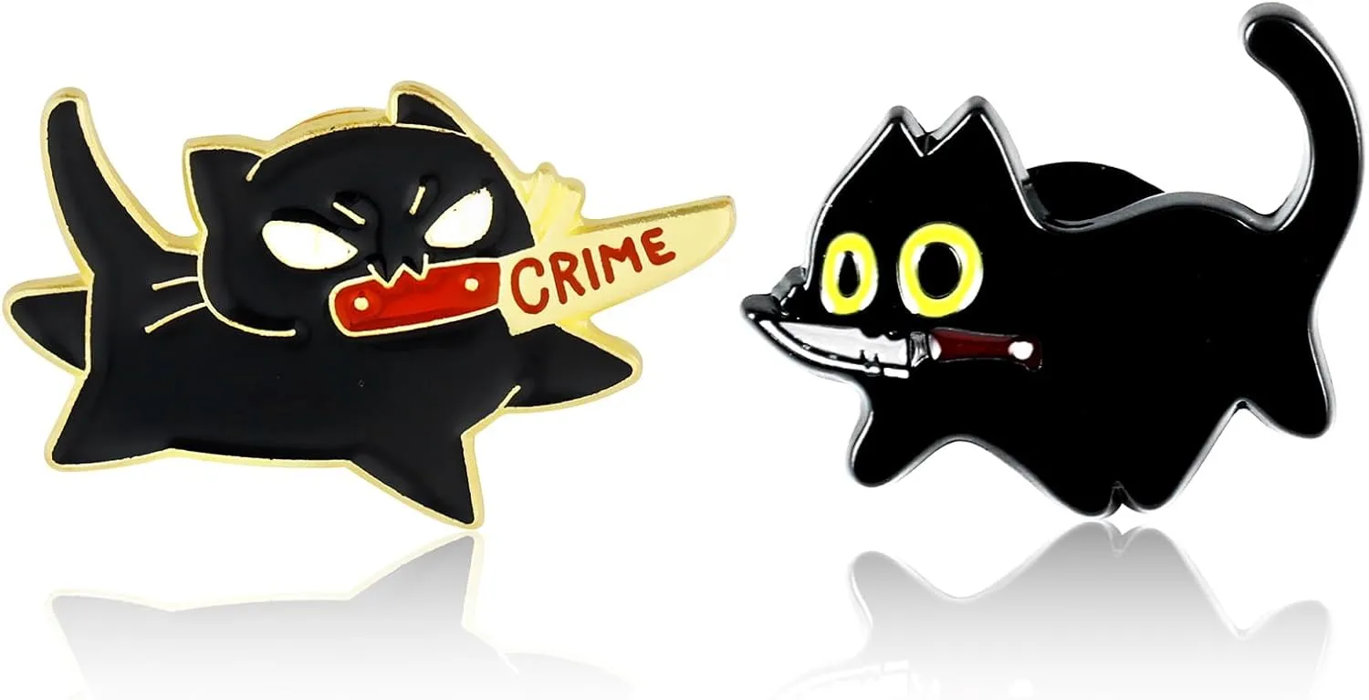 2Pcs Black Cat with Knife Enamel Pins Cute Cat Lapel Pins for Backpacks Brooch Pins for Women Men Kawaii Cartoon Kitten Bag Pin Funny Badges Pin for Lanyard Hoodies Hats Coats Halloween Gifts