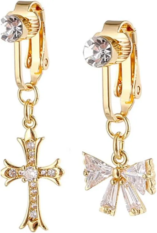 2Pcs Cross Bow Fake Belly Button Rings Non Piercing Clip On Navel Rings Sparkling CZ Belly Barbell Fake Body Piercing Jewelry for Women