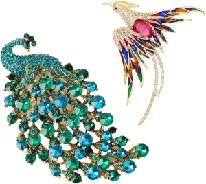 2Pcs Rhinestone Peacock Brooch Pin and Crystal Phoenix Bird Brooch Colorful Bird Brooches Rhinestone Animal Pin Fashion Accessories