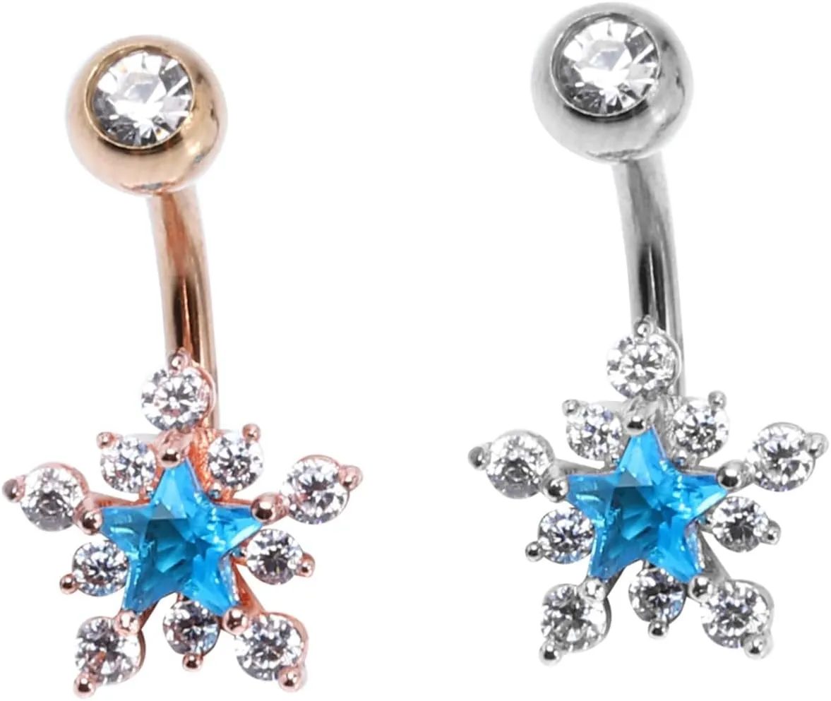 2Pcs Snowflake Star Navel Rings Elegant Body Jewelry for Women Durable Zircon Belly Piercing Decor for Parties