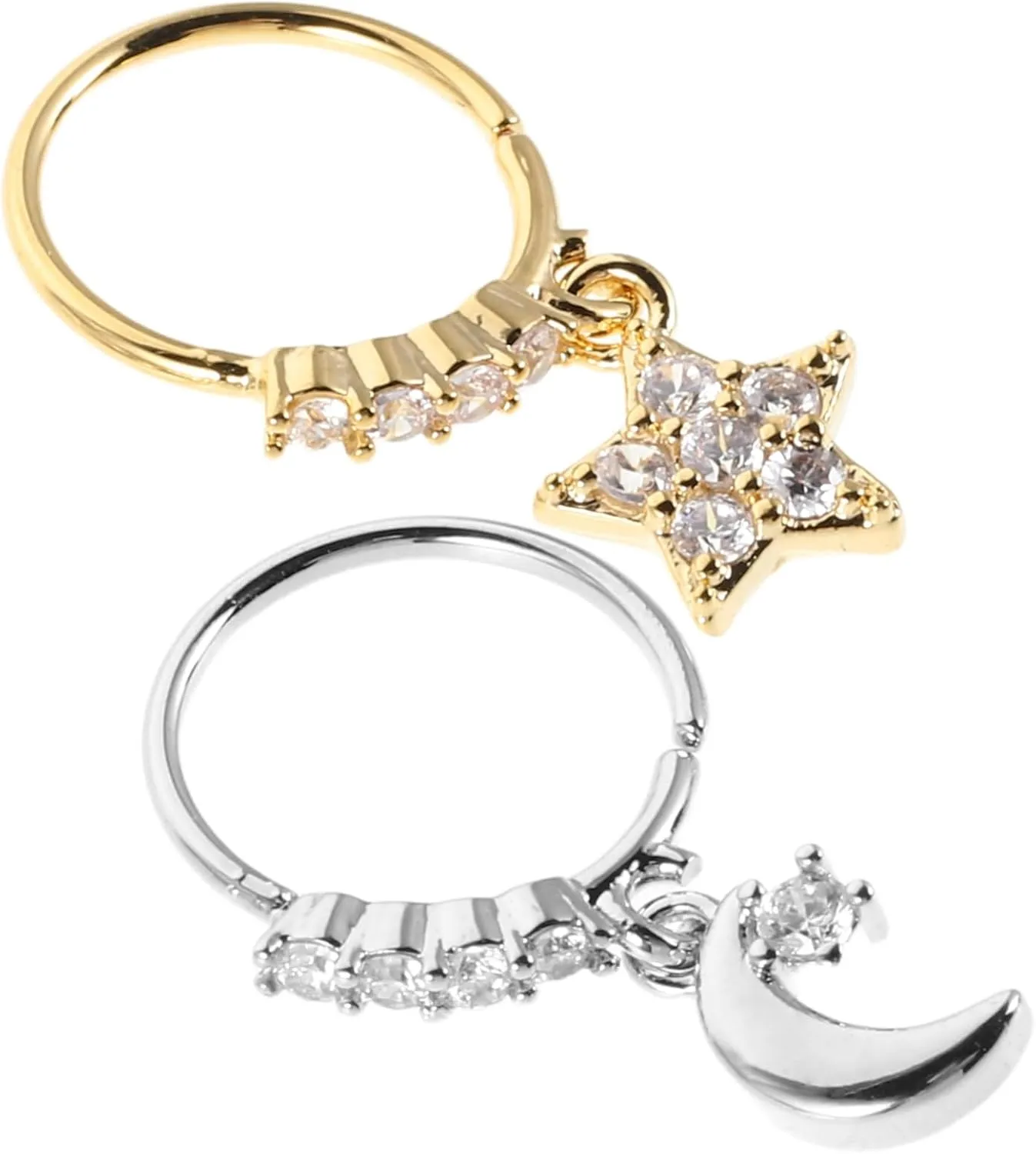 2Pcs Star Moon Nose Rings for Women Durable Metal Nose Piercing Jewelry with Sparkling Rhinestones Comfortable Daily Wear Stylish Adornment for Fashionable Outfits