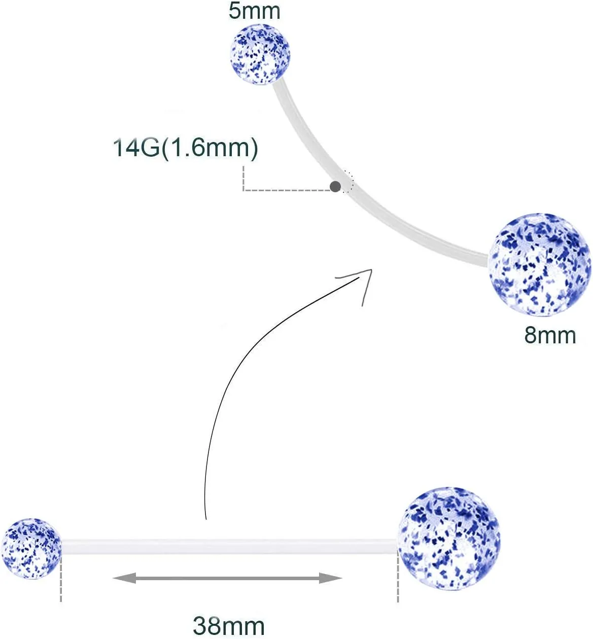 2PCS With White Sphere 1.6mm(14G) Navel Belly Studs Acrylic Belly Button Rings Body Piercing Barbells Piercing Jewelry Acrylic Transparent Plastic 38mm