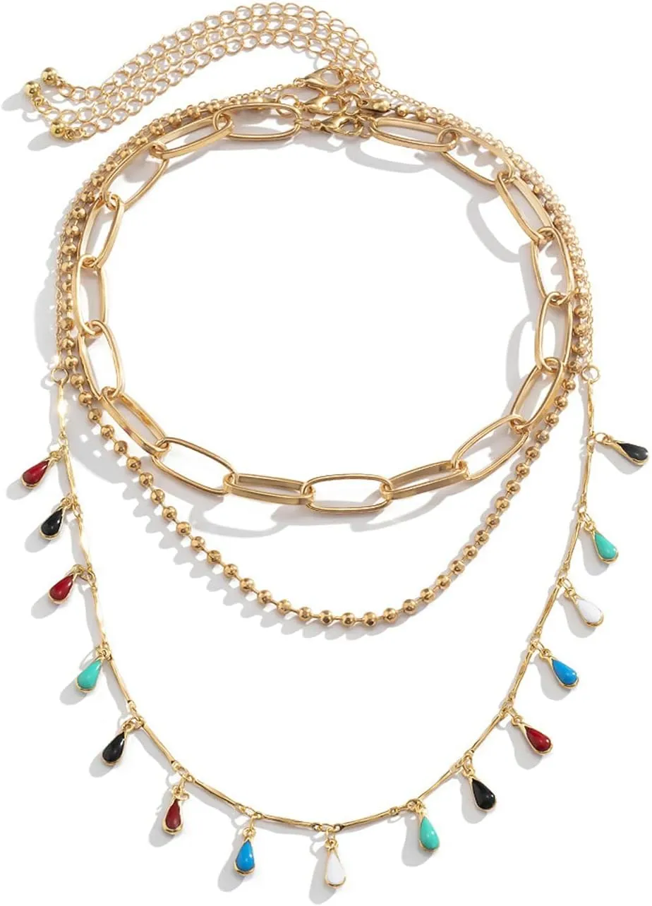 3 Layer Layered Necklace Set Women, Colorful Water Drop Gold Layered Necklaces Simple