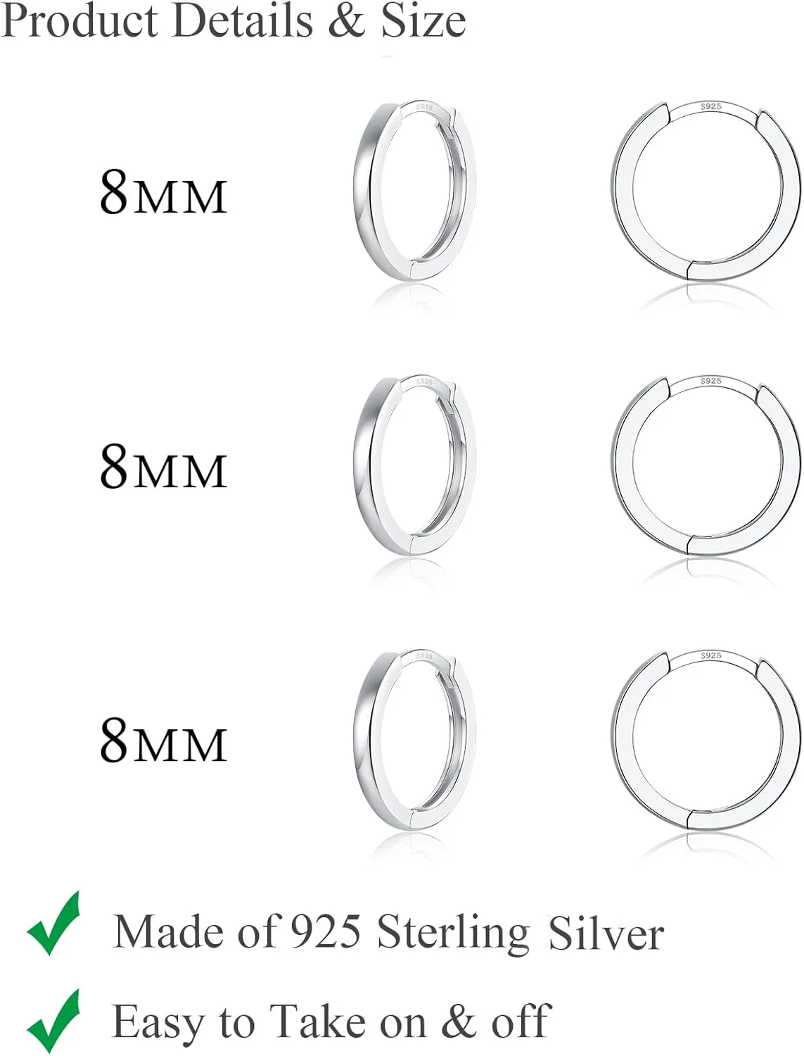 3 Pairs 925 Sterling Silver Hoop Earrings 14K White Gold Plated Small Silver Hoops Cartilage Huggie Earrings for Women Men