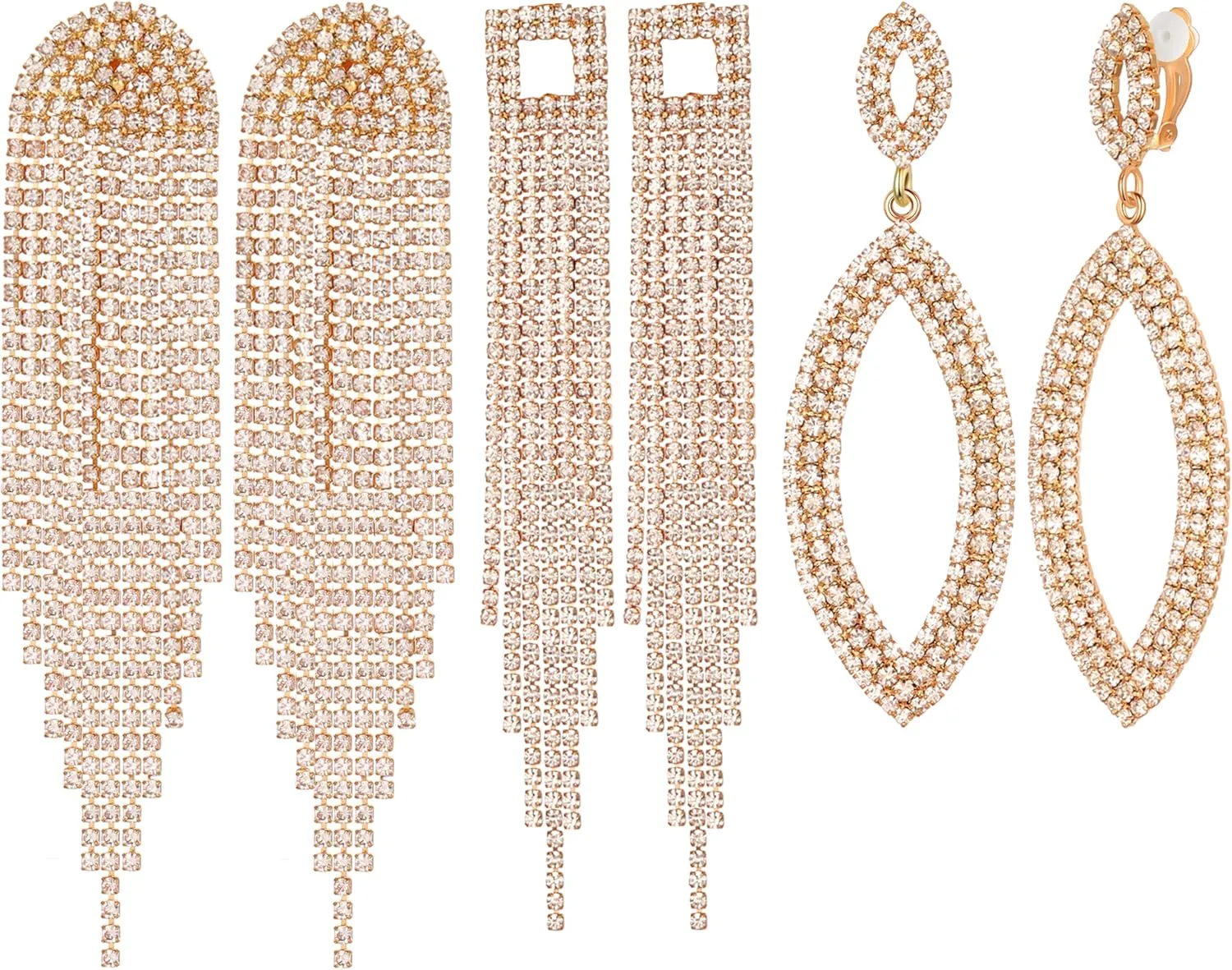 3 Pairs Gold/Silver Clip on Earrings Set for Women Stunning Rhinestone Chandelier Teardrop Long Tassels Crystal Drop Dangling Clip-on Earrings Hypoallergenic for Wedding Bride Prom Party