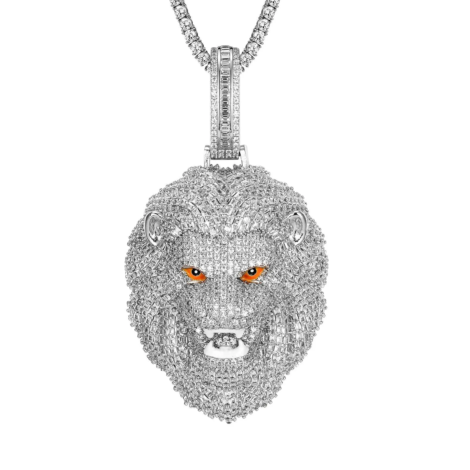 3D Lion Roaring White Gold Tone Icy Custom Mens Pendant