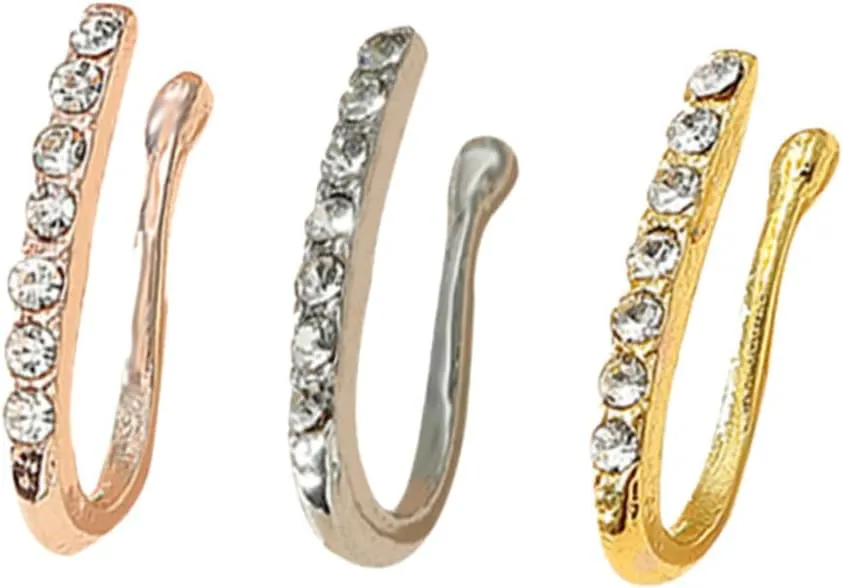 3Pcs Rhinestone Inlaid U Shaped Nose Rings Delicate No Perforation Jewelry Fashion Faux Nose Jewelry and Comfortable Easy to Wear