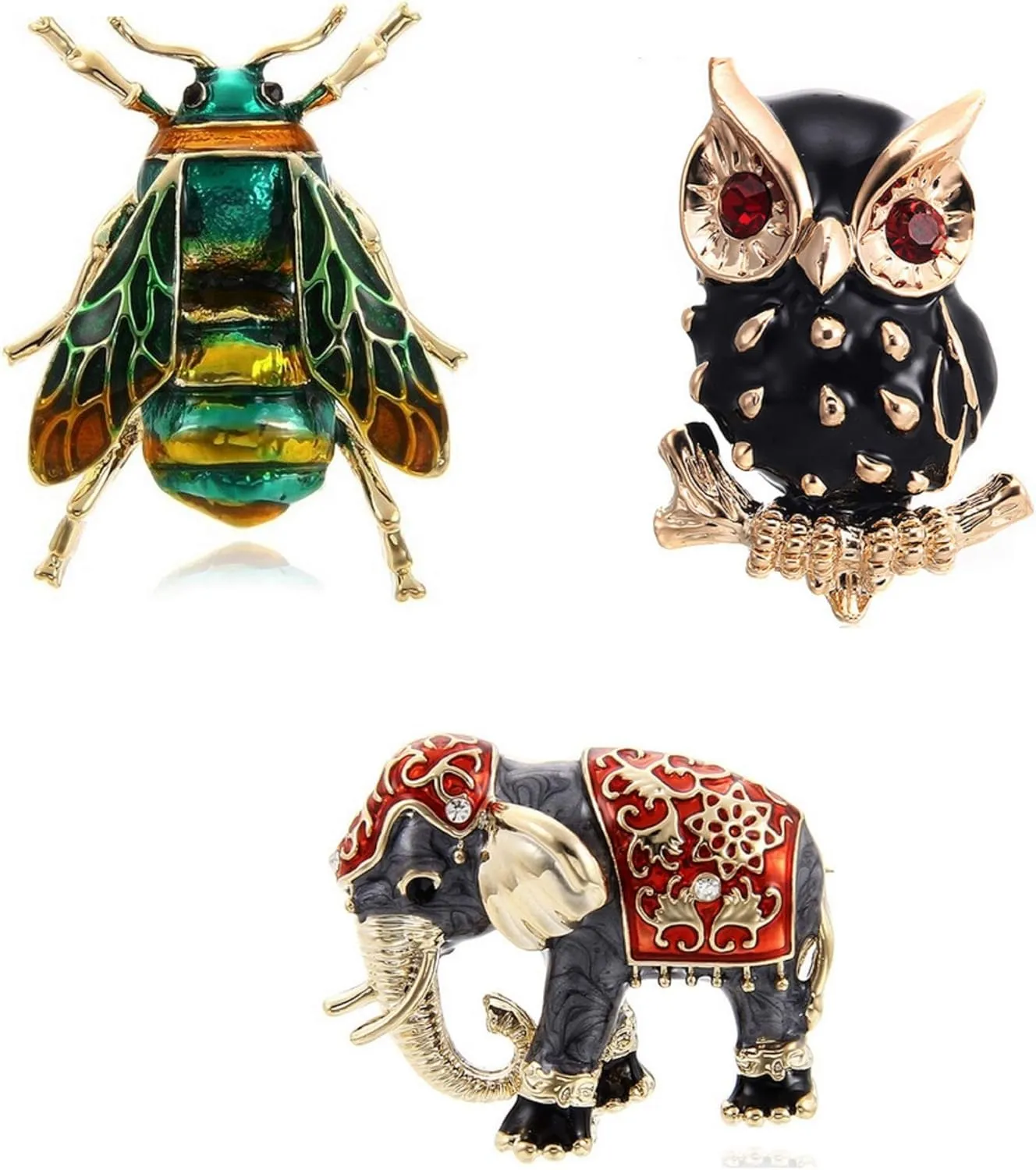 3pcs/Pack Gold Color Owl Enamel Elephant Bee Fly Insect Brooch