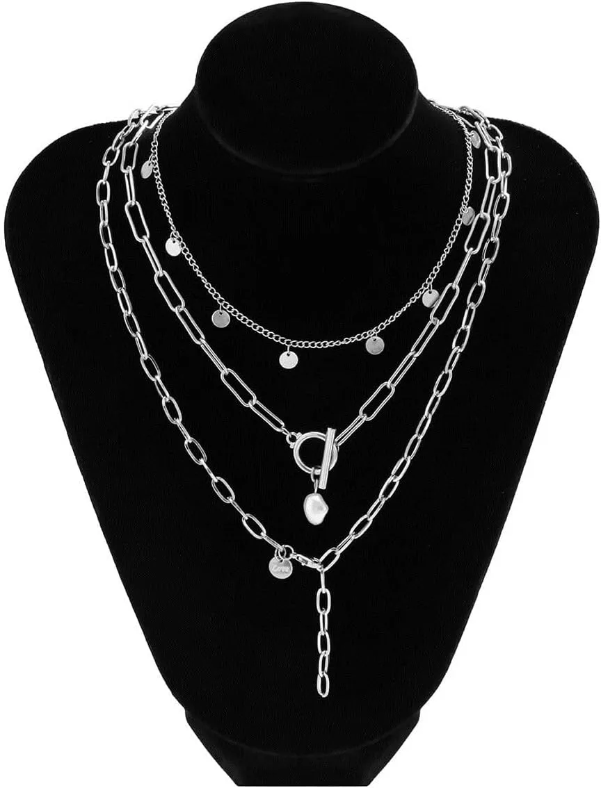 3pcs/Set Punk Multi Layer Basic Chain Choker Necklace For Women Simulated Pearls Geometric Pendant Neck Jewelry (Silver Color)