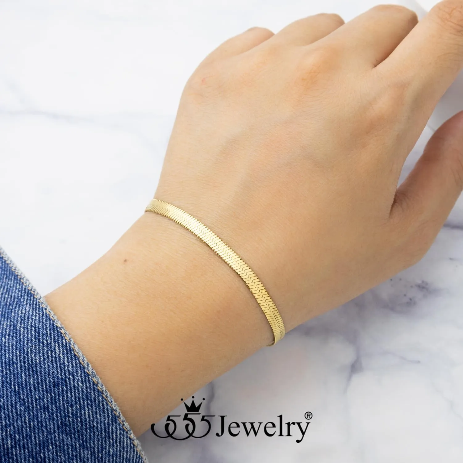 555Jewelry 4MM Womens Bracelets Herringbone Chain Bracelets for Women Flat Snake Chain Bracelet for Women Thin Chain Link Bracelet for Women