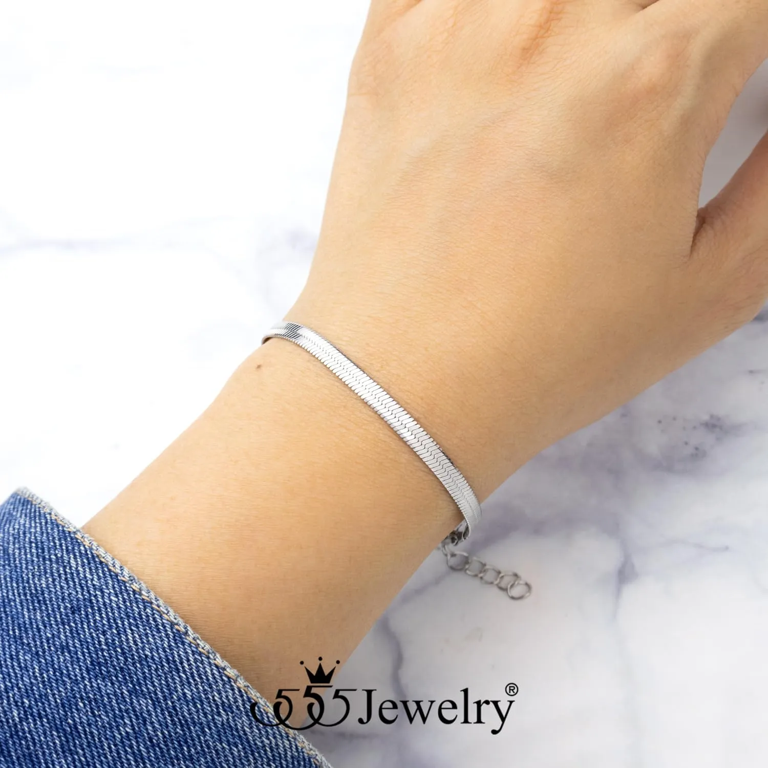 555Jewelry 4MM Womens Bracelets Herringbone Chain Bracelets for Women Flat Snake Chain Bracelet for Women Thin Chain Link Bracelet for Women