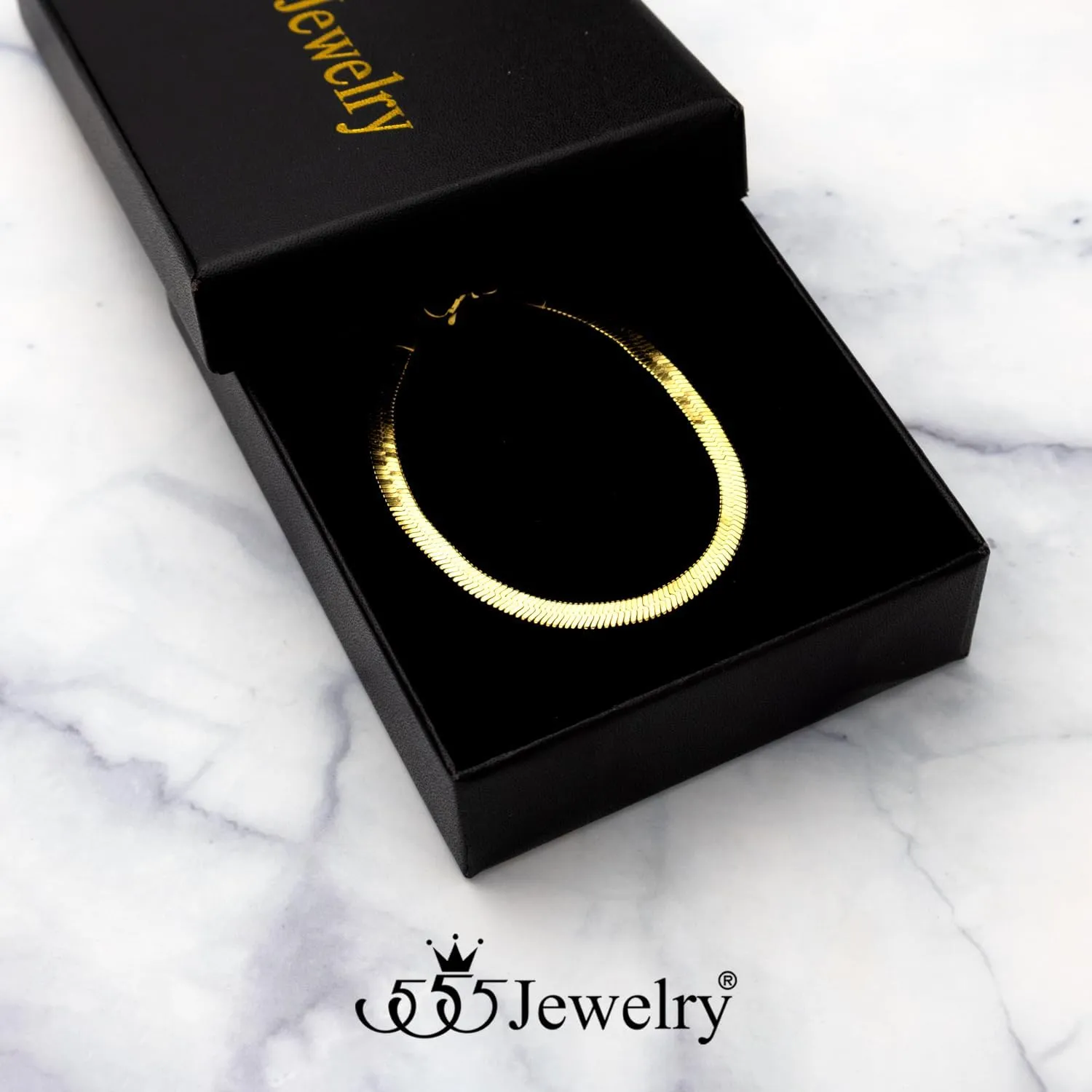 555Jewelry 4MM Womens Bracelets Herringbone Chain Bracelets for Women Flat Snake Chain Bracelet for Women Thin Chain Link Bracelet for Women