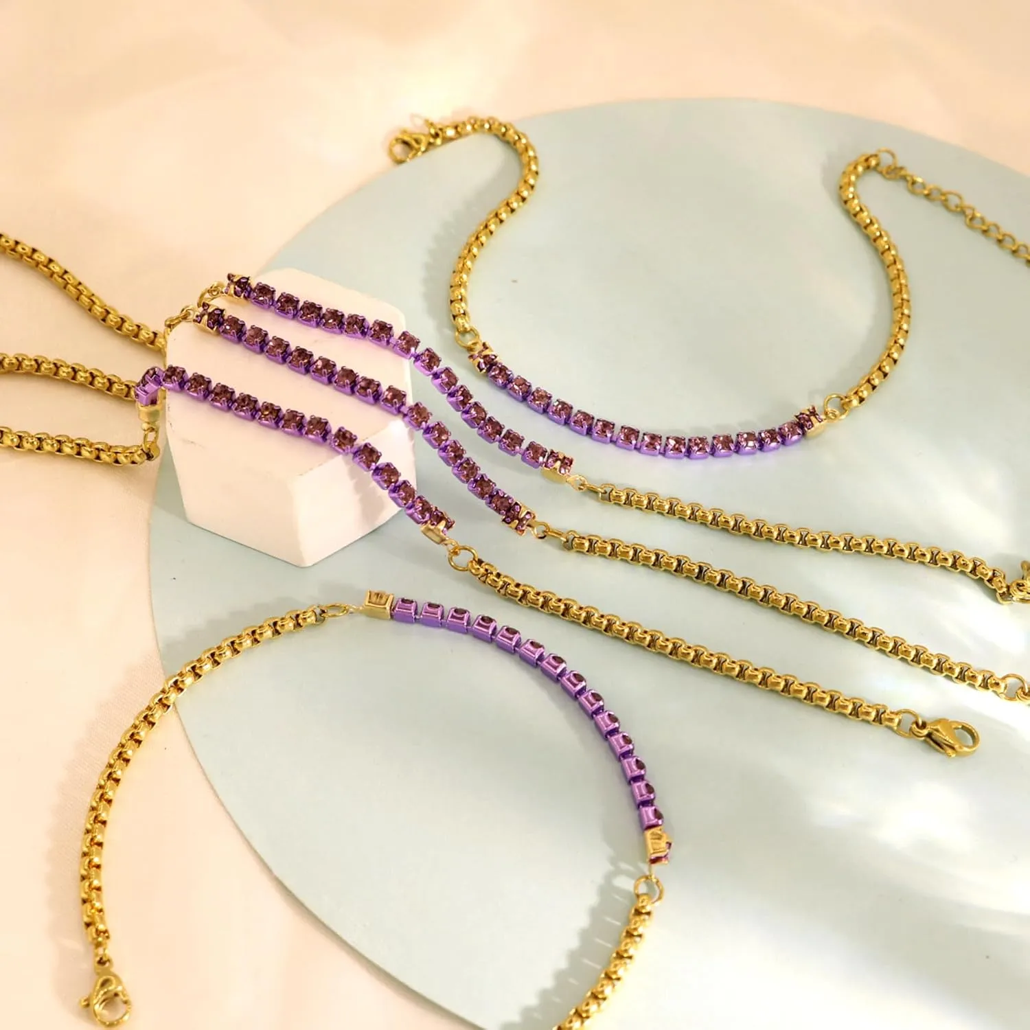 5Pcs Crystals Birthstone Bracelets for Women Dainty Gold Plated Stainless Steel Chain Link Charm Stackable Bracelet Birth Stone Bracelets to Daughter Mom Birthday Unique Jewelry Gifts