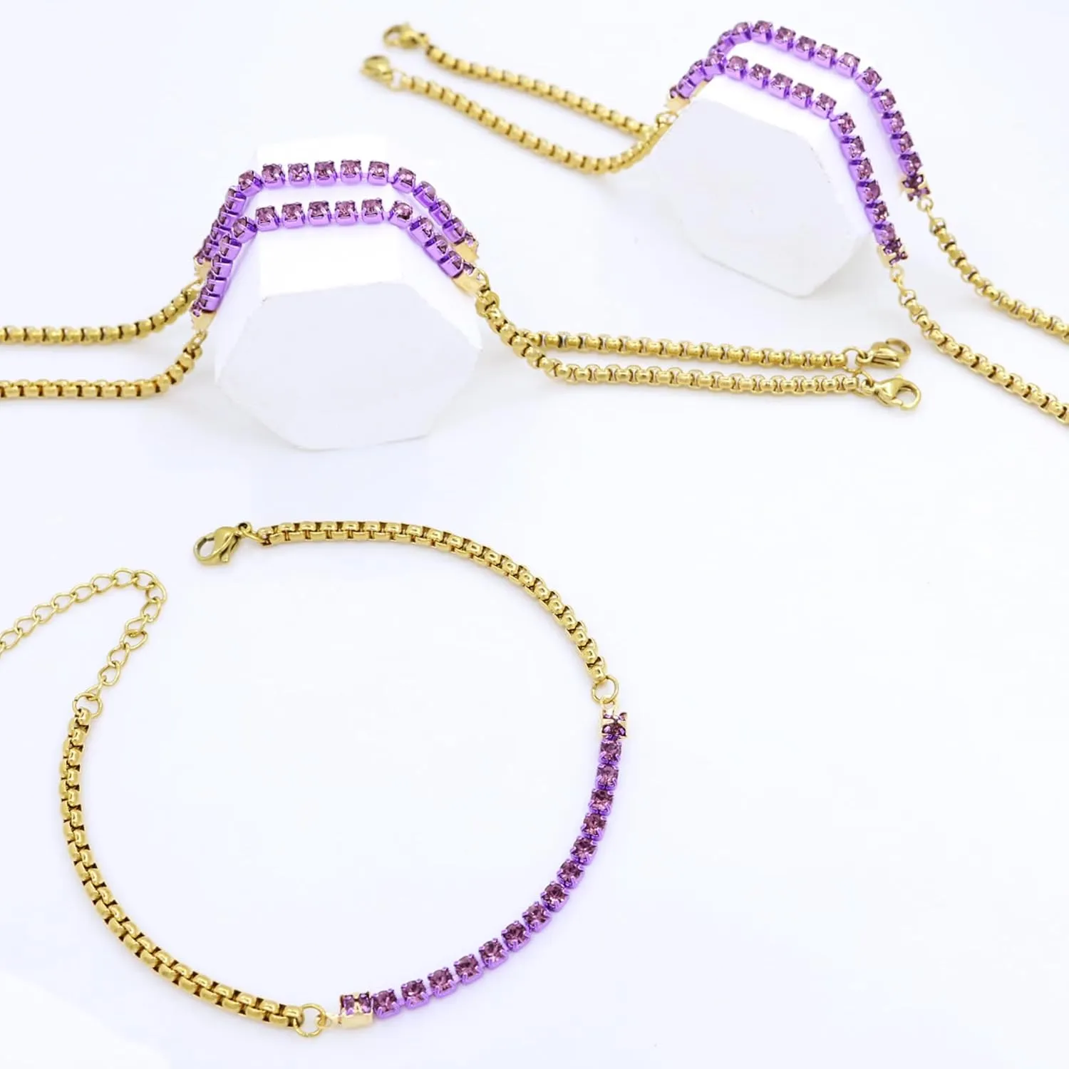 5Pcs Crystals Birthstone Bracelets for Women Dainty Gold Plated Stainless Steel Chain Link Charm Stackable Bracelet Birth Stone Bracelets to Daughter Mom Birthday Unique Jewelry Gifts
