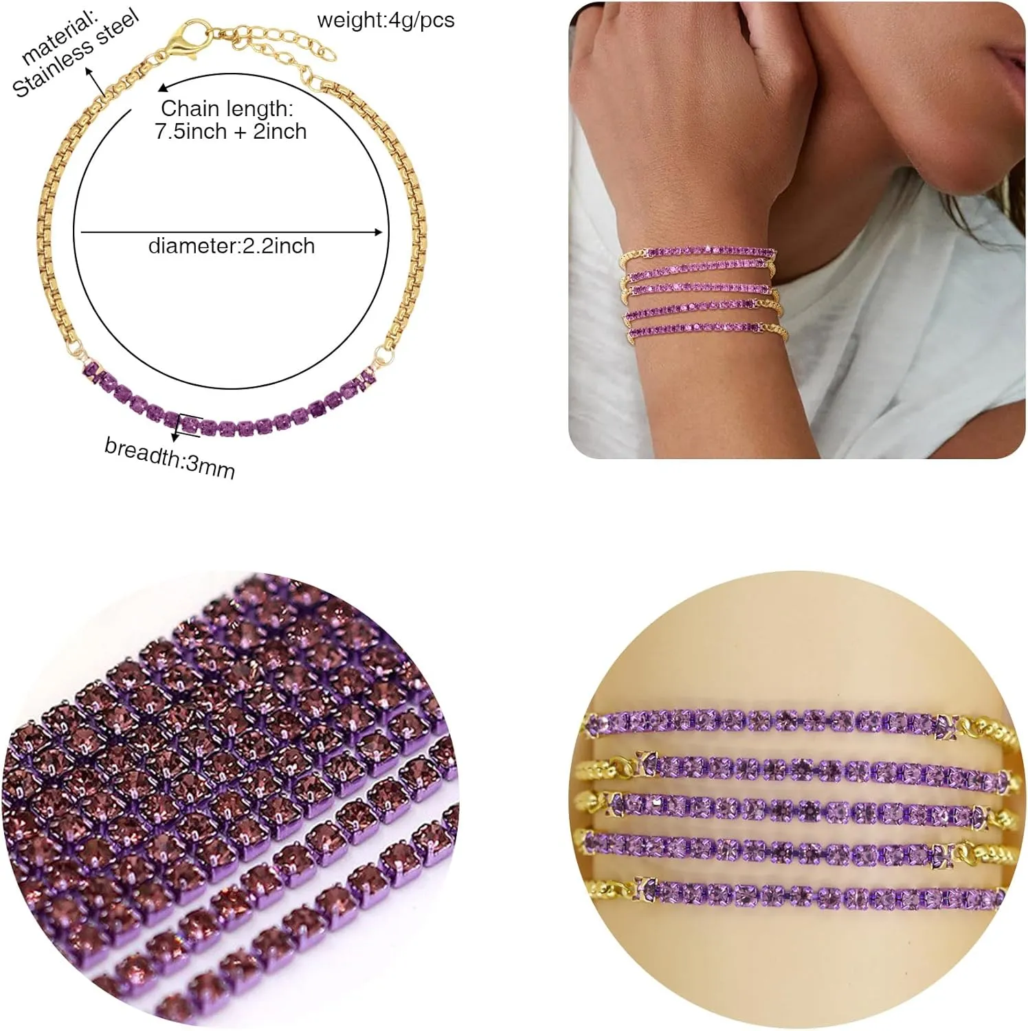 5Pcs Crystals Birthstone Bracelets for Women Dainty Gold Plated Stainless Steel Chain Link Charm Stackable Bracelet Birth Stone Bracelets to Daughter Mom Birthday Unique Jewelry Gifts