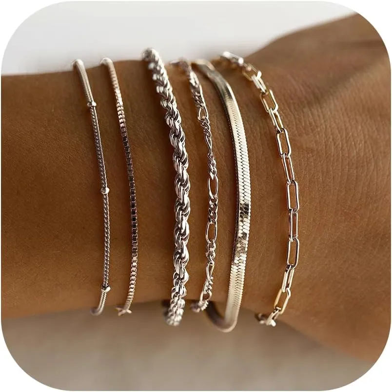 6Pcs Gold Chain Bracelets for Women Set Waterproof Layered Anklet Bracelet Trendy Stackable Cuban Link Paperclip Chain Bracelet Accessories Jewelry