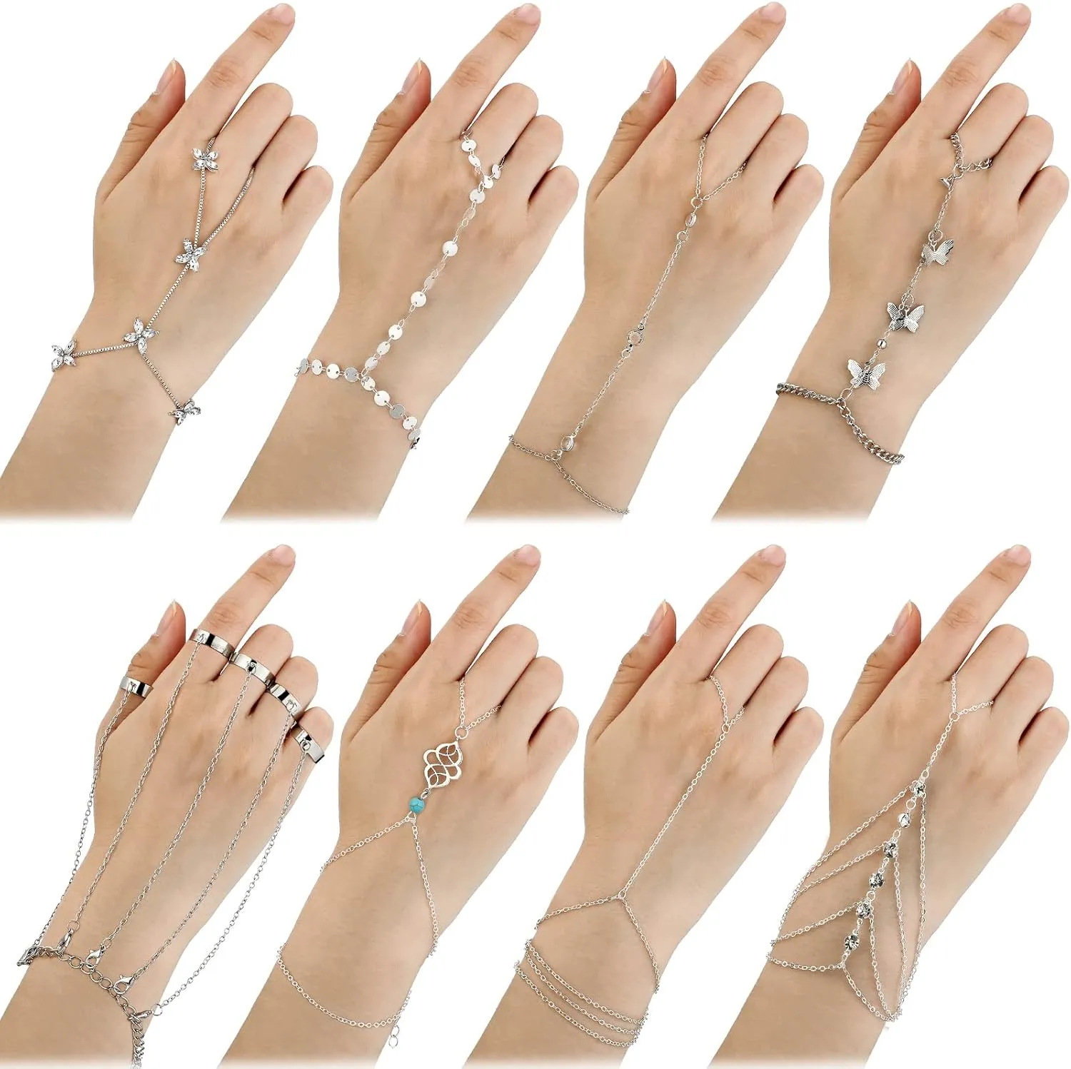 8 Pieces Hand Chain Set Ring Bracelet Ring Hand Chain Crystal Finger Chain Bracelet Bohemian Hand Jewelry for Women Valentine's Gifts