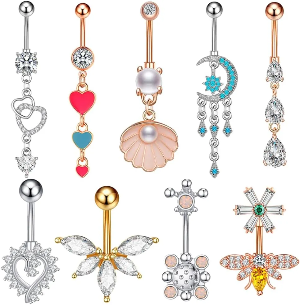9 Pcs Dangle Navel Belly Button Rings Stainless Steel Piercing Belly Jewelry Creative Heart Seashell Butterfly Dangling Curved Navel Barbell Belly Rings