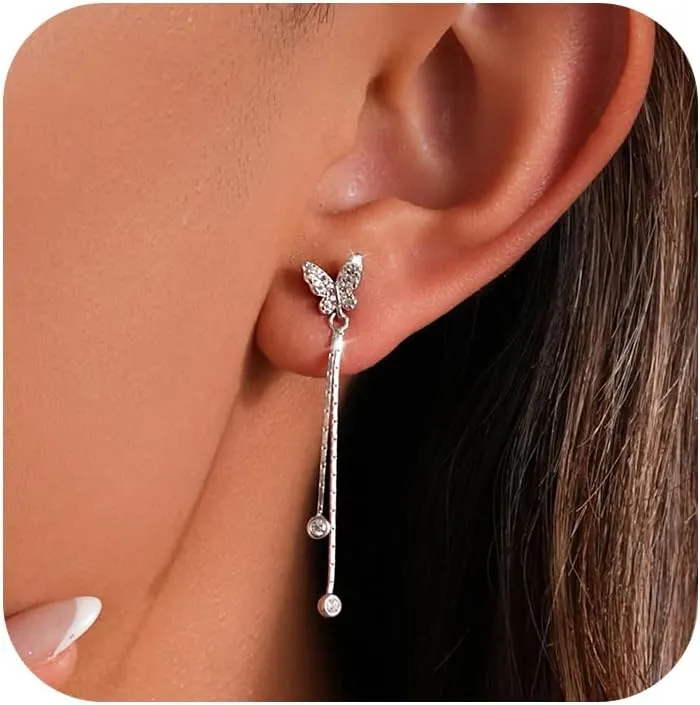 925 Sterling Silver Dainty Butterfly CZ Earrings for Women Detachable Pearl Tassel Back Tassel Drop Cubic Zirconia Stud Dangle Chain Earrings Hypoallergenic Graduation Wedding Jewelry Gifts