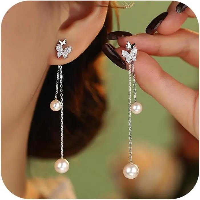 925 Sterling Silver Dainty Butterfly CZ Earrings for Women Detachable Pearl Tassel Back Tassel Drop Cubic Zirconia Stud Dangle Chain Earrings Hypoallergenic Graduation Wedding Jewelry Gifts