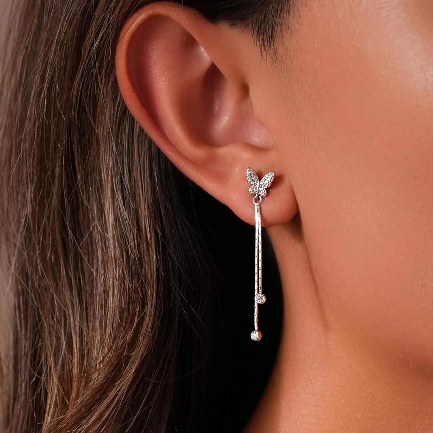 925 Sterling Silver Dainty Butterfly CZ Earrings for Women Detachable Pearl Tassel Back Tassel Drop Cubic Zirconia Stud Dangle Chain Earrings Hypoallergenic Graduation Wedding Jewelry Gifts