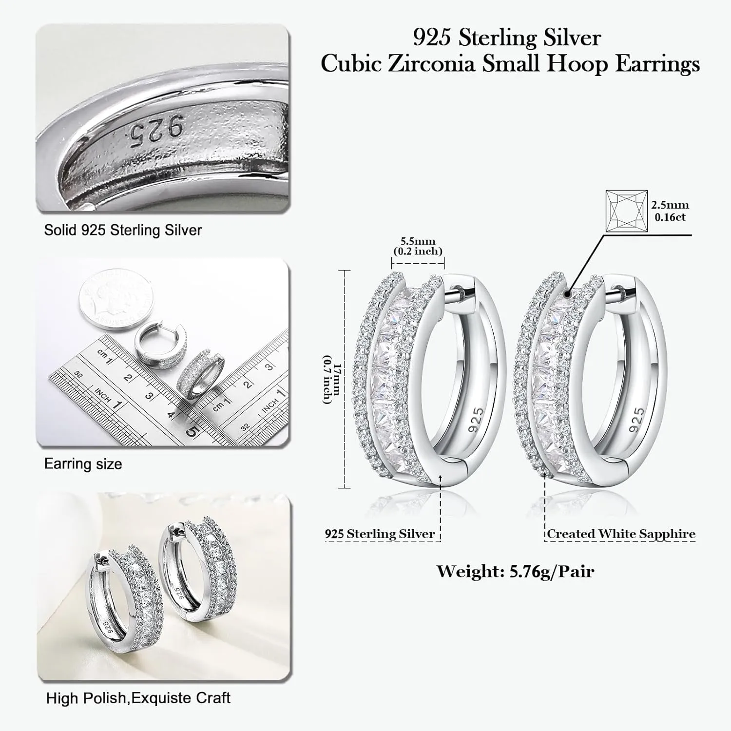 925 Sterling Silver Small Hoop Earrings for Women Girls Colorful Gemstone Emerald CZ Rose Gold Huggie Hoop Earrings