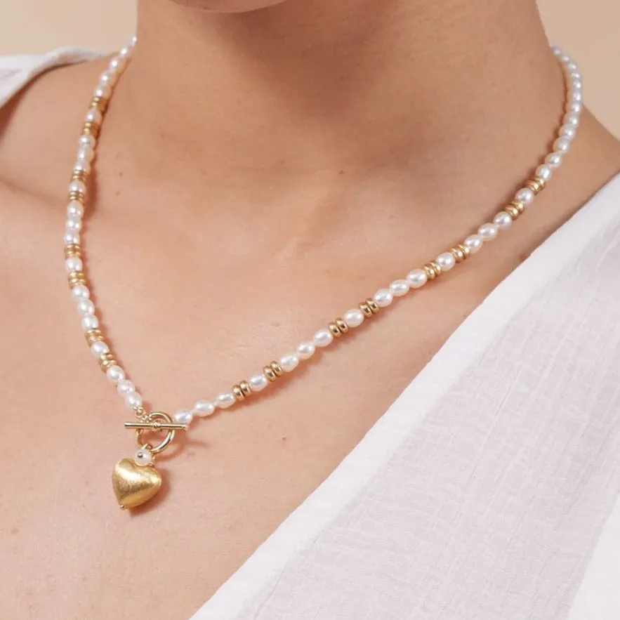 Amare white cultured freshwater pearl necklace with gold vermeil heart & gold hematite beads