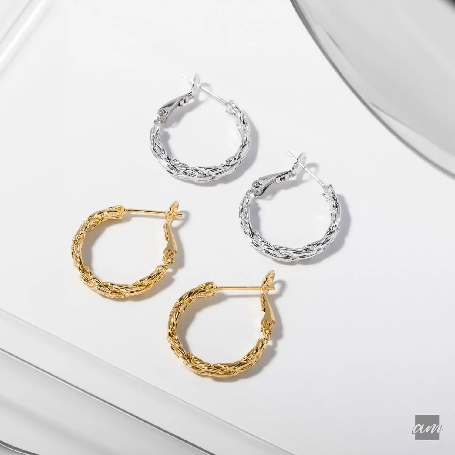 Amberta Silver Gold Plated Chunky Twisted Hoop Earrings | Hypoallergenic 925 Sterling Silver Post | Round Statement Bold Hoops for Women, Classy Gift Lightweight