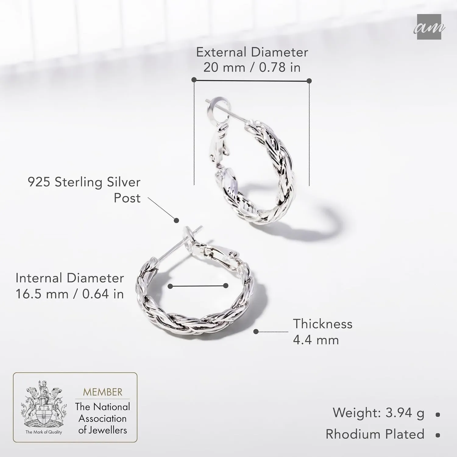 Amberta Silver Gold Plated Chunky Twisted Hoop Earrings | Hypoallergenic 925 Sterling Silver Post | Round Statement Bold Hoops for Women, Classy Gift Lightweight